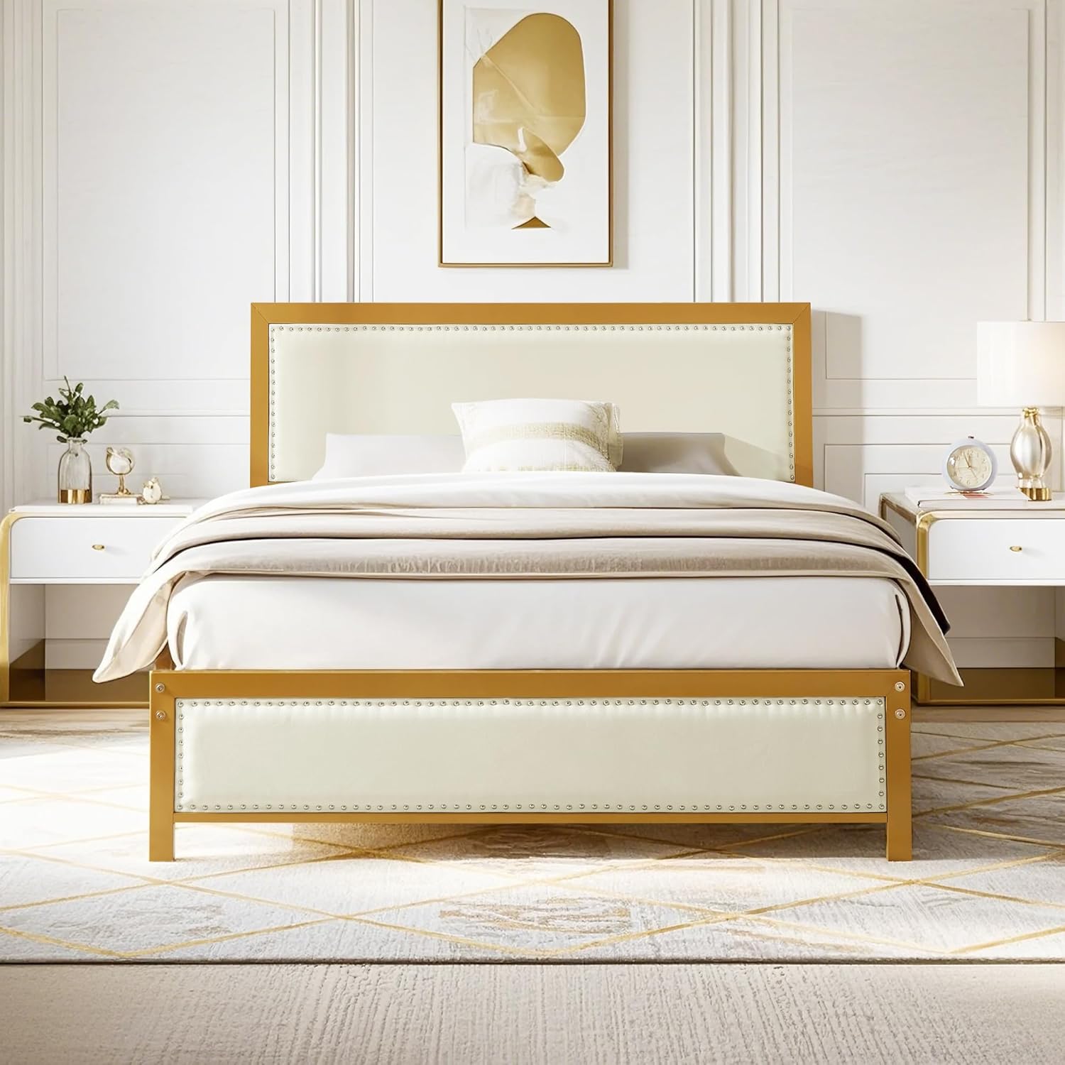 VECELO Queen Size Bed Frame with Linen Fabric Upholstered