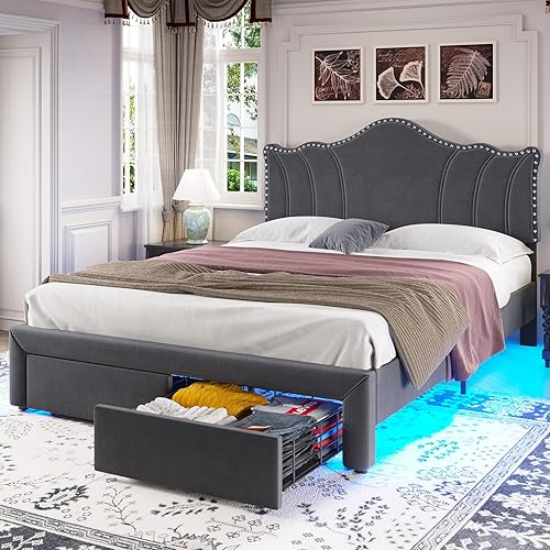 Hasuit Base de cama LED Queen con 2 cajones de almacenamiento, cama tapizada de terciopelo con cabecera ajustable, curva única, listones de madera