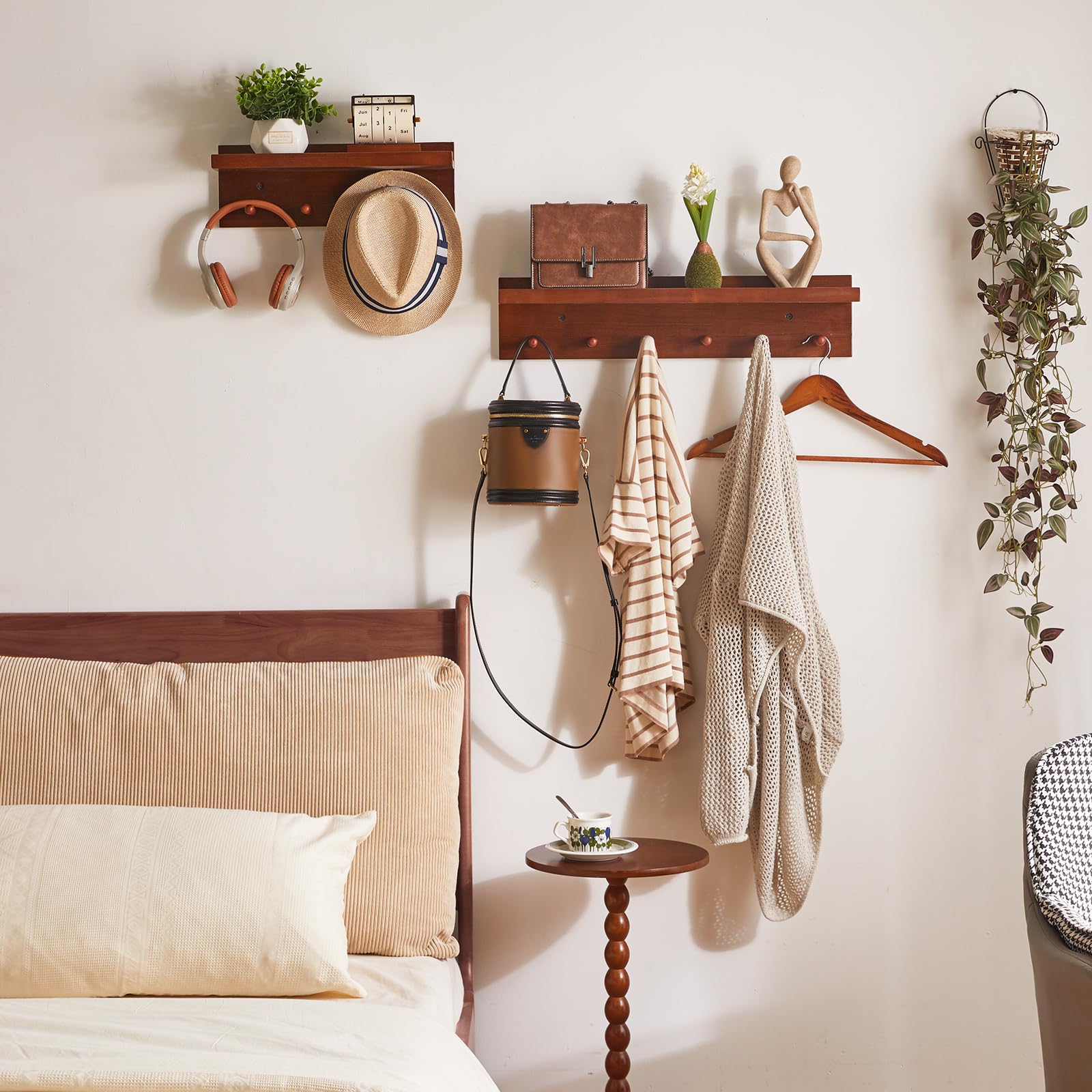 Aibiju Appendiabiti da Parete con Mensola 40 cm, Ganci da Parete in Legno con Contenitore, per Ingresso, Bagno, Cucina, colore Noce YD-WS0240H