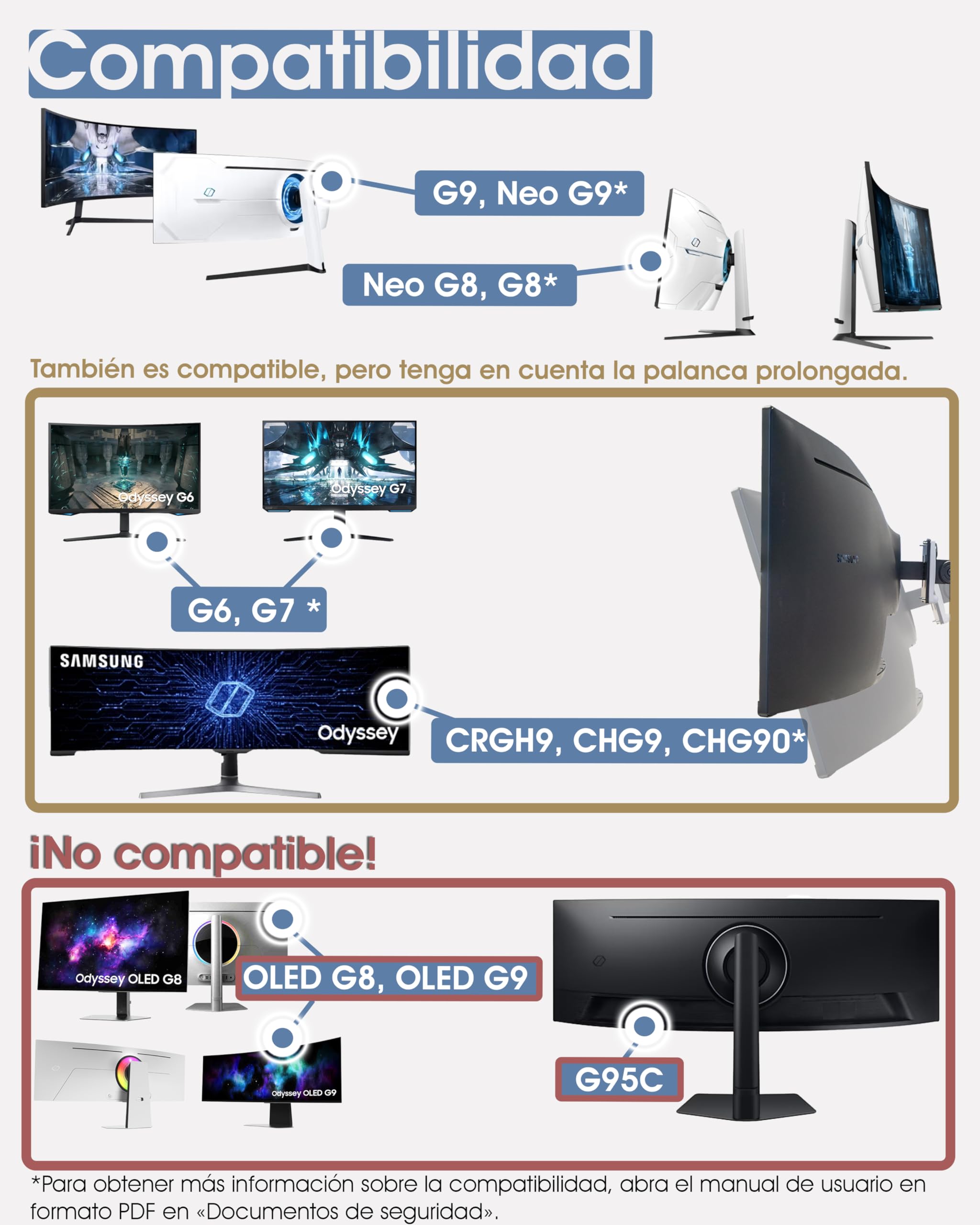 3IDEE Adaptador VESA Compatible con Monitor Samsung Odyssey G9, Neo G9, G8, Neo G8 y más - para Monitor Curvo de 49/57 Pulgadas - Capacidad de Carga Extrema de hasta 30 kg - VESA 100x100 - Blanco