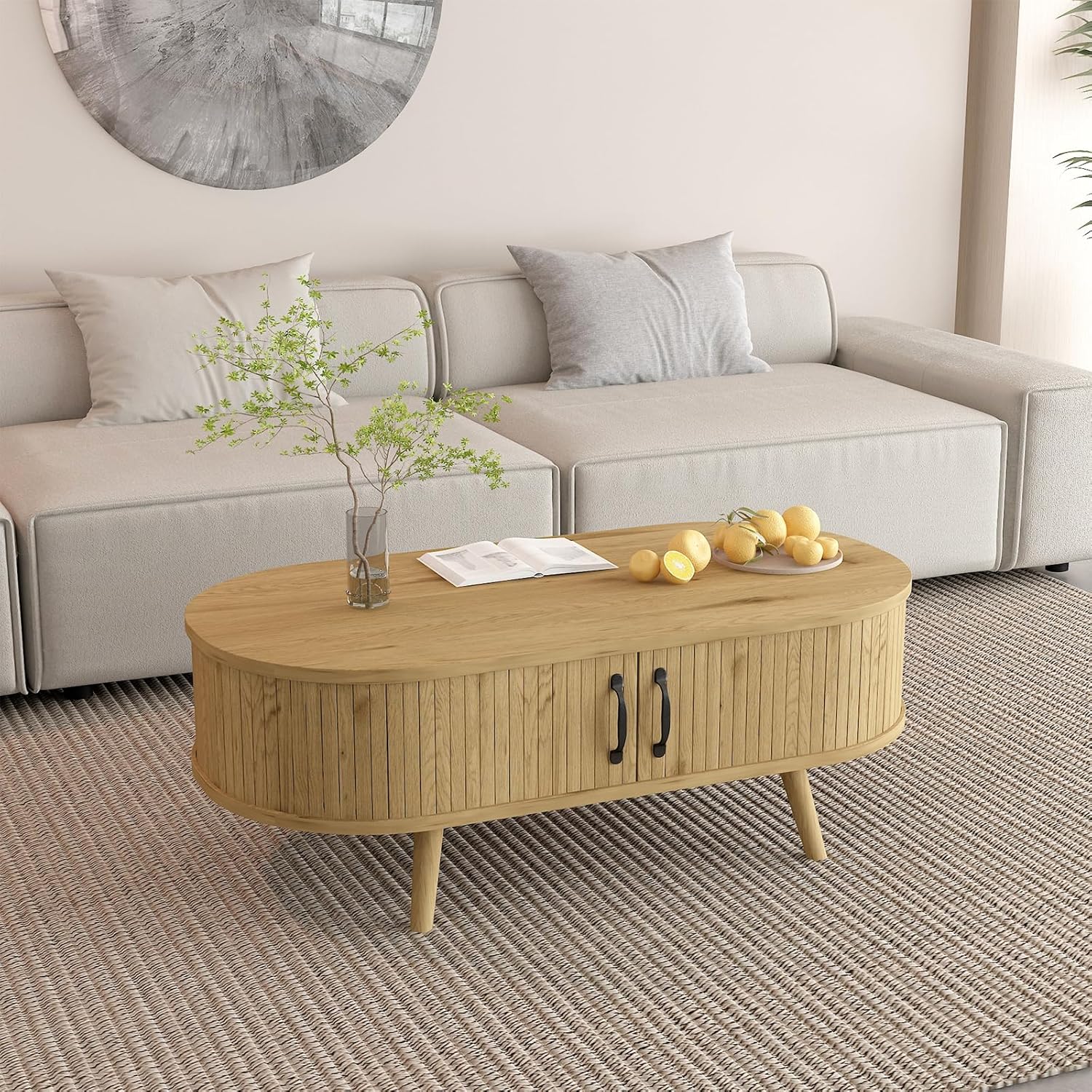 Coffee Table with Storage, Modern Oval Tea Table for Living Room End Sofa Tables with Sliding Doors, Natural