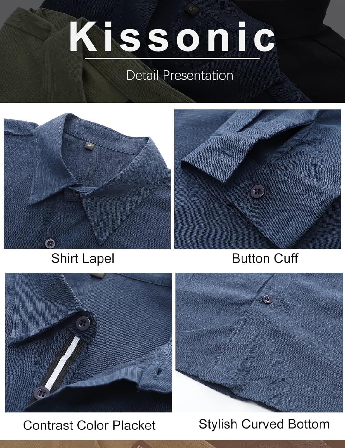 Kissonic Mens Casual Button Down Shirt Long Sleeve Untucked Denim Textured Dress Shirt - Image 6