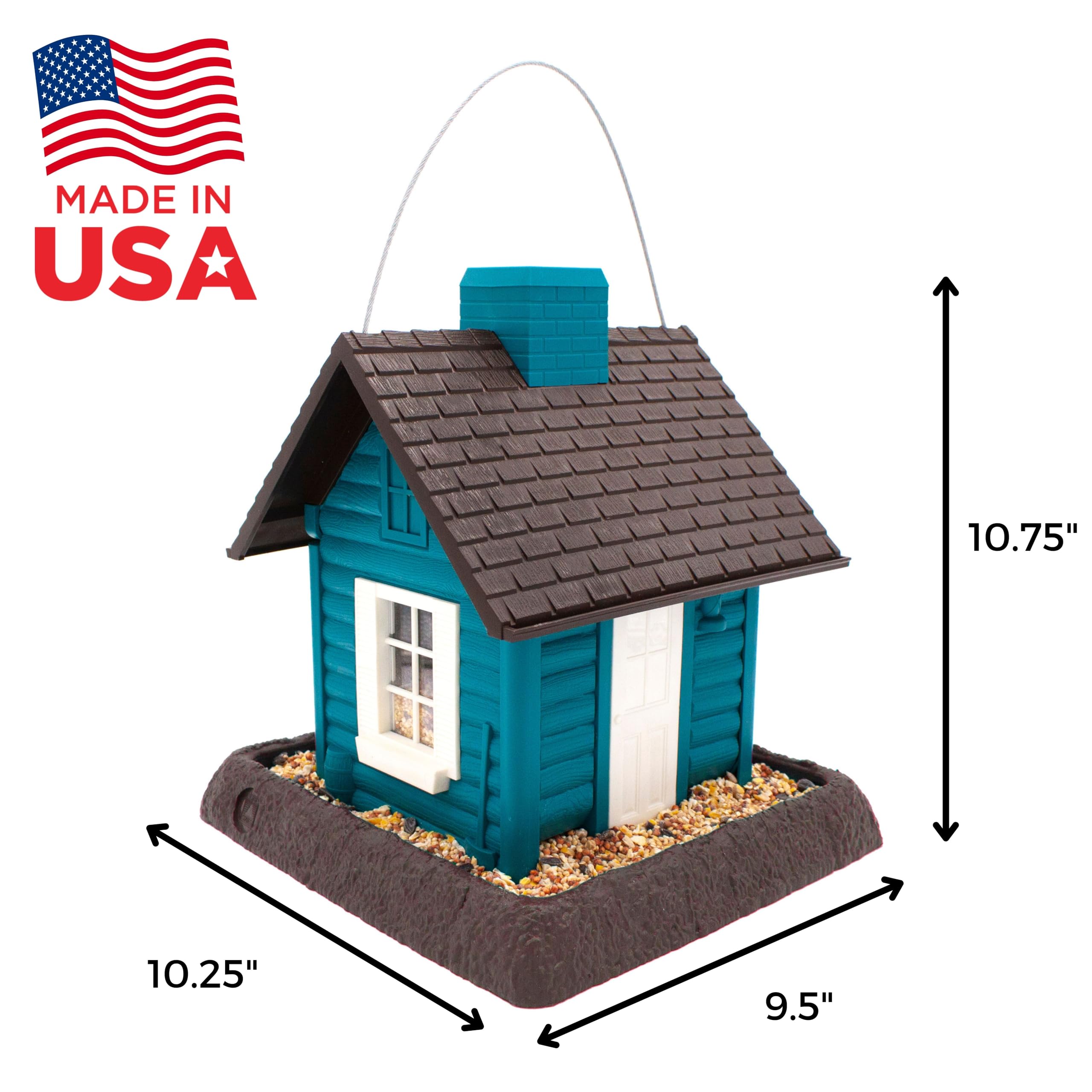 North States Village Collection Lakeside Cabin Karmnik dla ptaków: łatwe napełnianie i czyszczenie. Do zawieszenia lub montażu na drążku. Wyprodukowano w USA. Pojemność nasion 2,3 kg (26 cm x 27,3 cm
