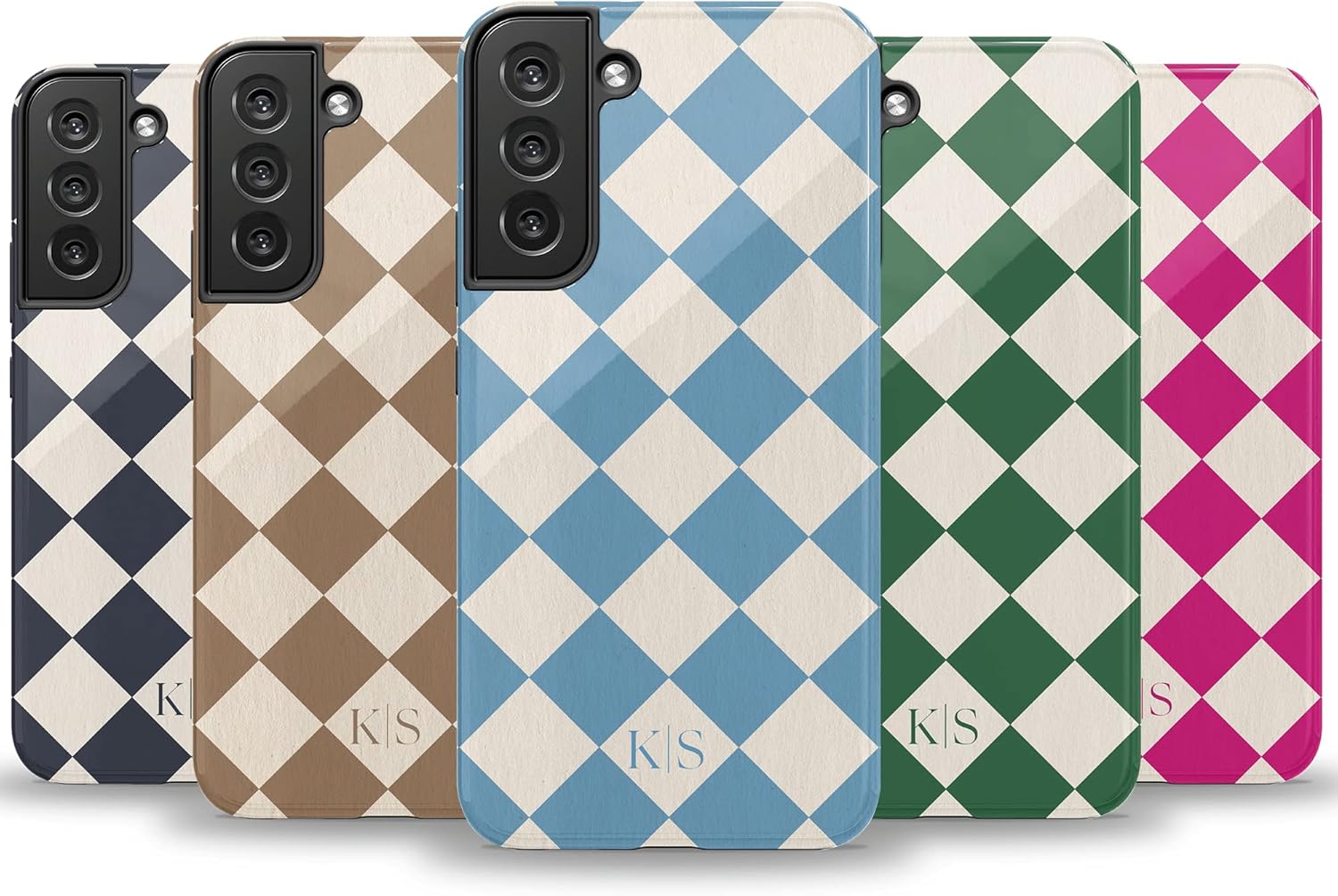 Custom Initials Argyle Checkerboard Personalized Name Phone Case, Compatible with Samsung Galaxy S26 Ultra, S25 Plus, S24, S23, S22, S21, S20 Teal