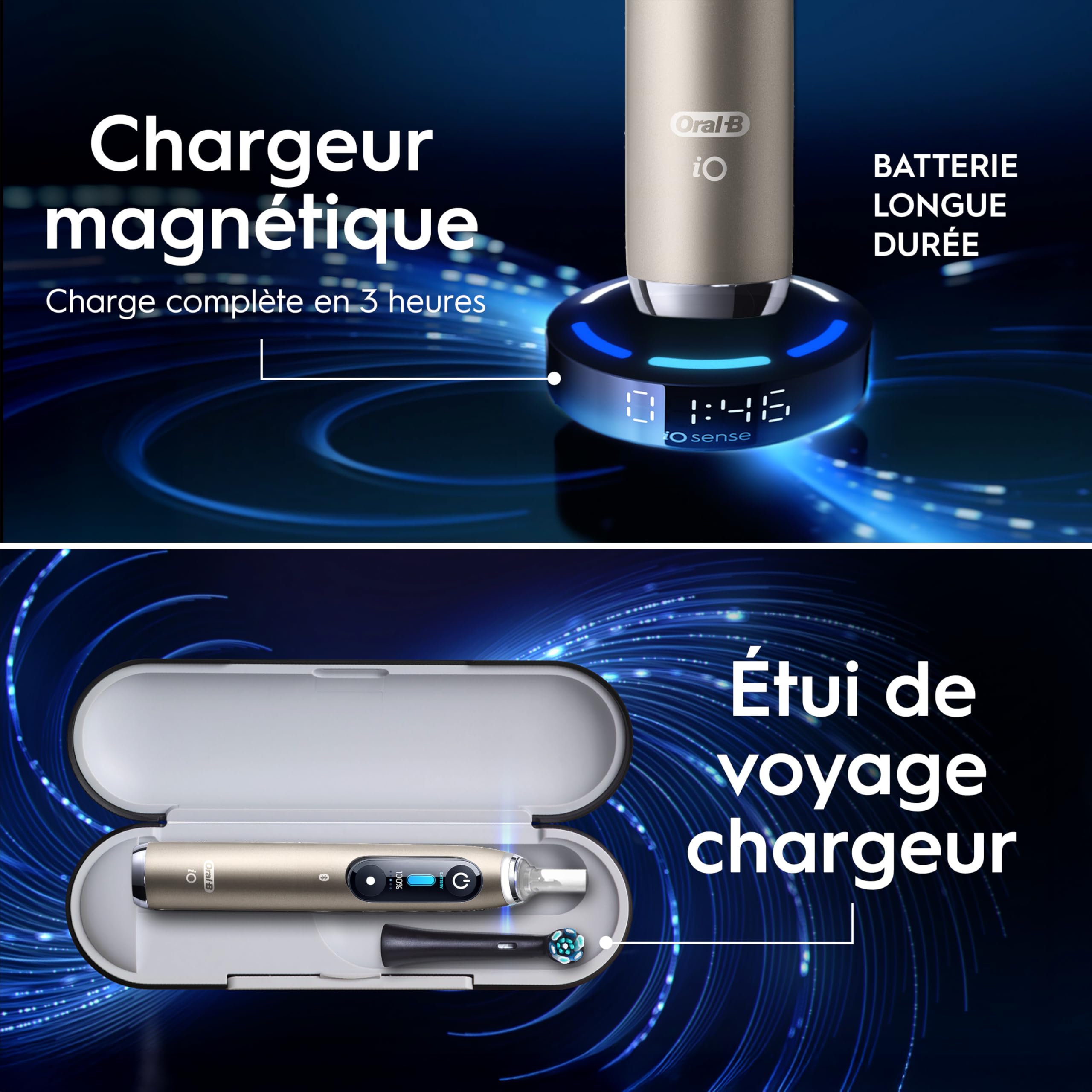 Oral-B Brosse à Dents Electrique iO 10, Brossette de Rechange, Or Lunar Gold – 7 Modes dont Blancheur et Soin des Gencives, Capteur de Pression, Batterie Rechargeable, Coach de Brossage, Etui