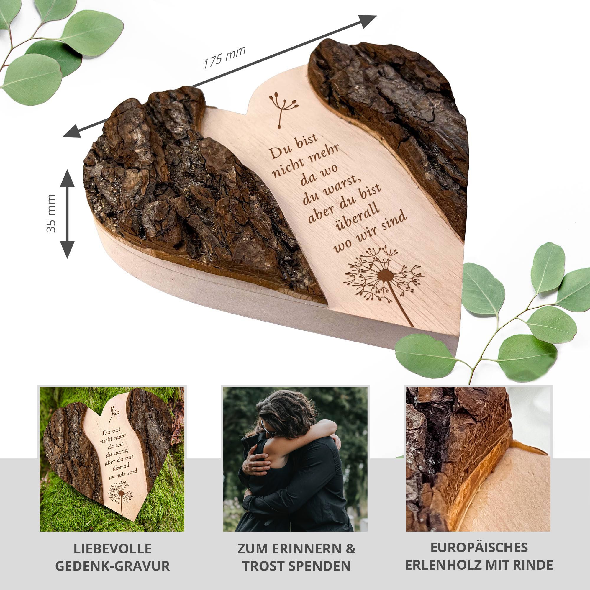 Casa Vivente Holzherz mit Gravur zur Trauer, Gedenktafel für Verstorbenen, Deko Andenken, Herz Grabschmuck, Trauergeschenke, Holz Herz Erinnerung