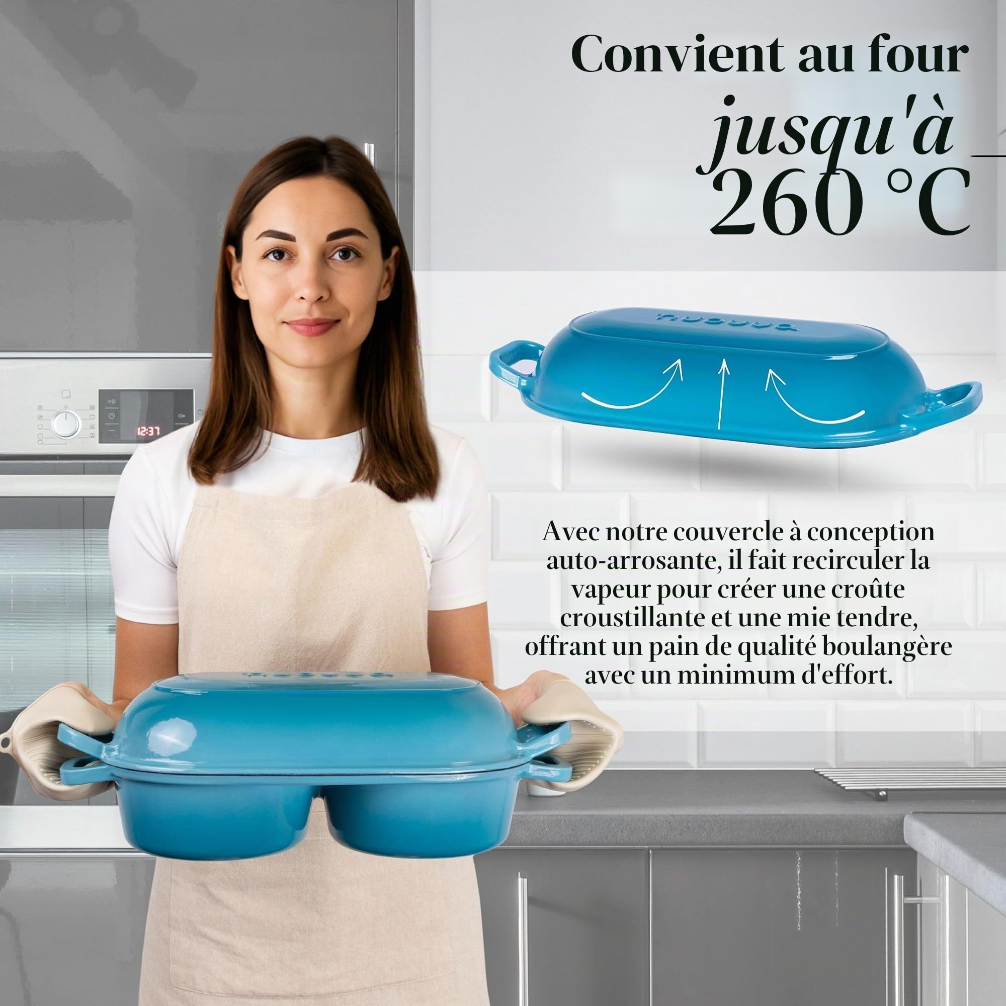 Faitout pour la cuisson du pain au levain – Pot à pain en fonte émaillée – 260 °C – Passe au four – Double espace rond pour pain, 16,5 cm de diamètre, bleu clair Nuovva