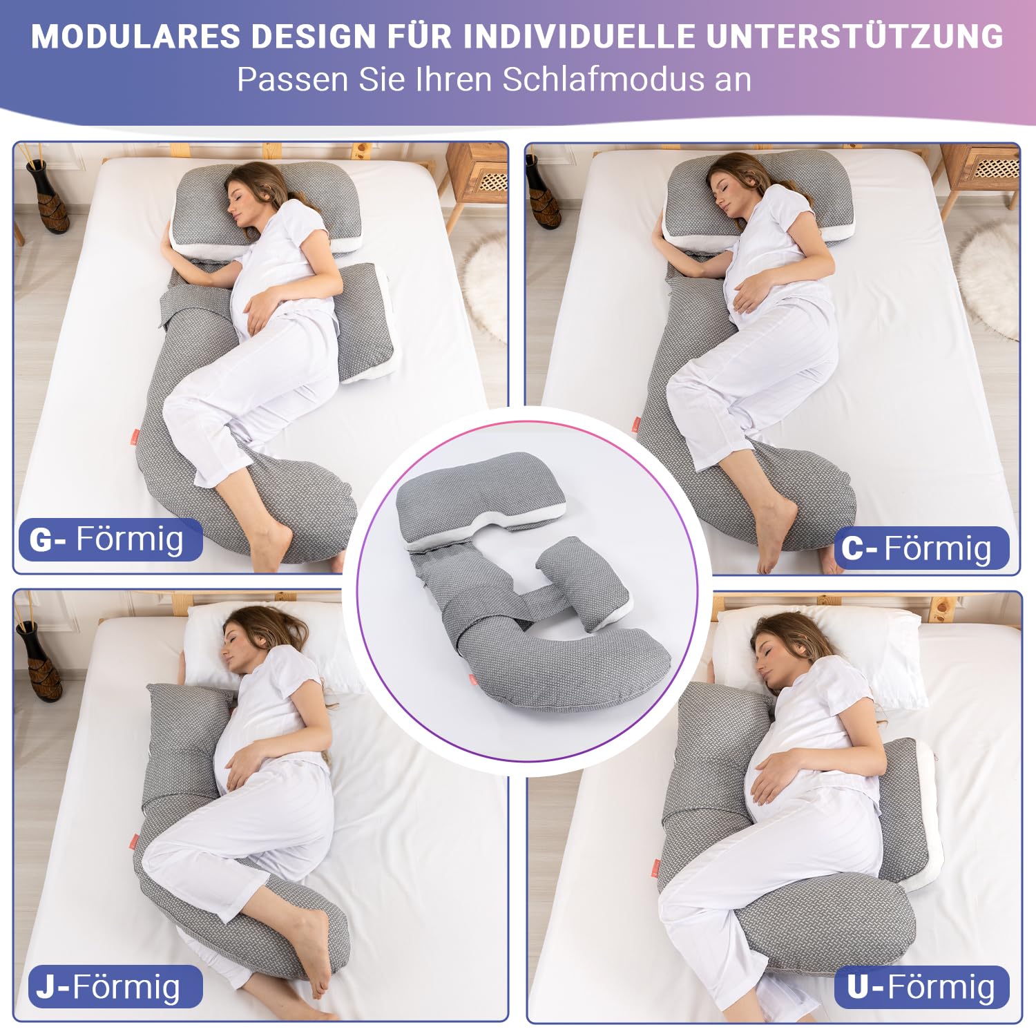Schwangerschaftskissen 4-in-1 C/U/J/G Form Pregnancy Pillow – Seitenschläferkissen & Stillkissen | Ganzkörperkissen für Schwangere, Rücken, Bauch & Hüfte | Breathable Air-Layer, Abnehmbar & Waschbar