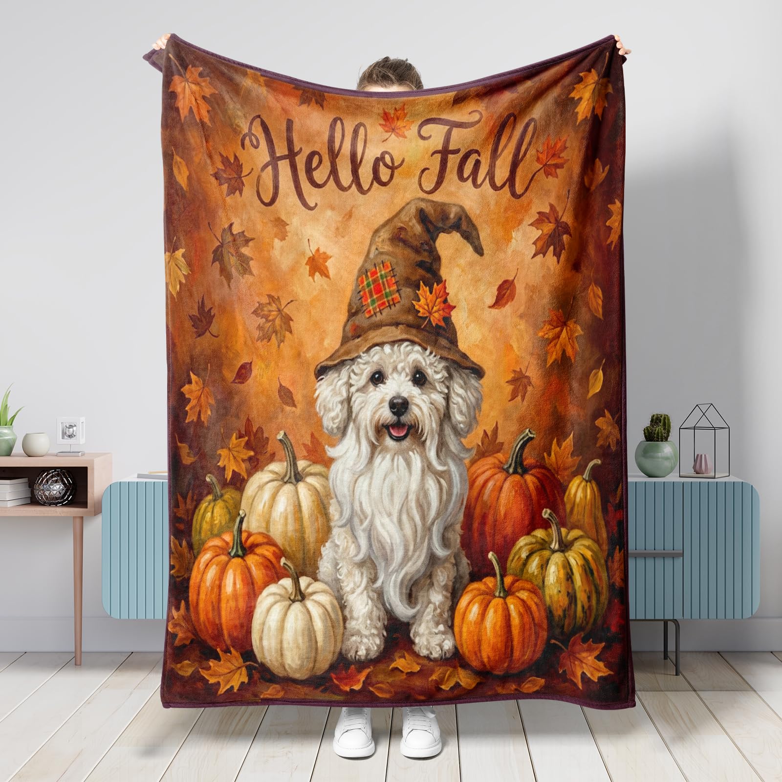 Plaid automne bichon frisé et citrouilles pour voyage plage et décoration de salon cocooning