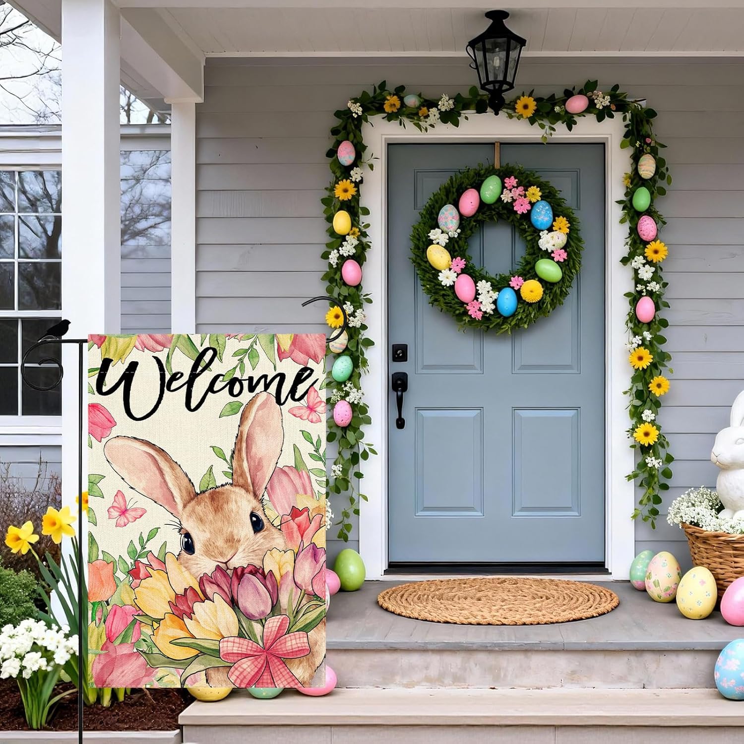 Welcome Tulips Flowers Bunny Rabbits Easter Garden Flag 12x18 Inch Double Sided Small Mini Yard Flag Outdoor Outside Holiday Party Decoration - Image 3