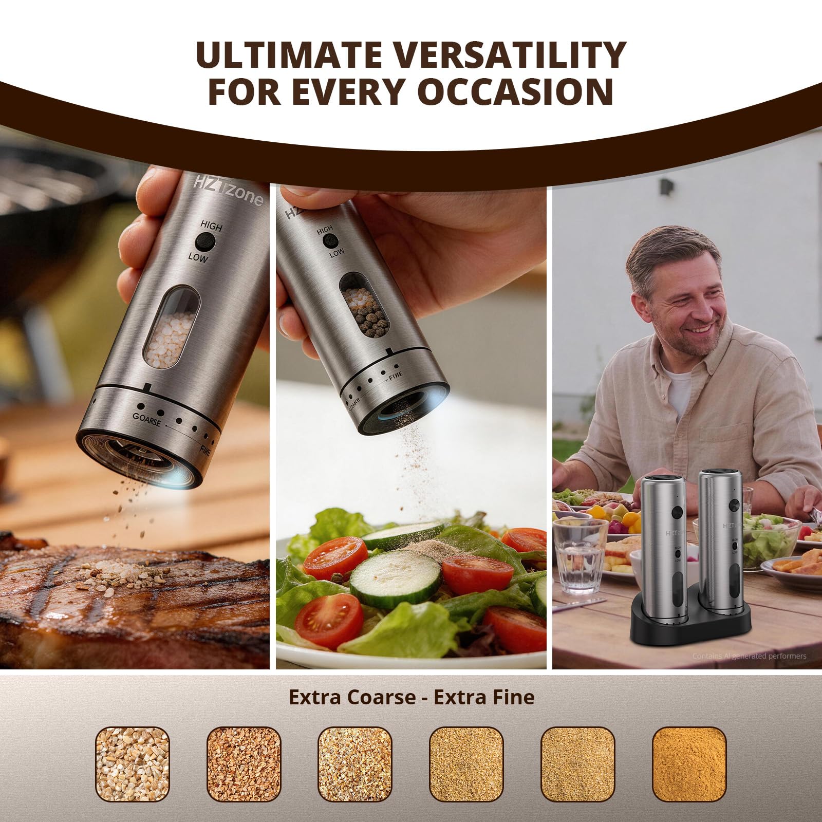 Elektrische Salz und Pfeffermühle Set für Hobbyköche, Einhand-Bedienung | 6 Mahlgrade (fein bis grob), Ladestation mit USB-aufladbar, Keramikmahlwerk, BBQ & Geschenkset, LED-Licht, Edelstahl