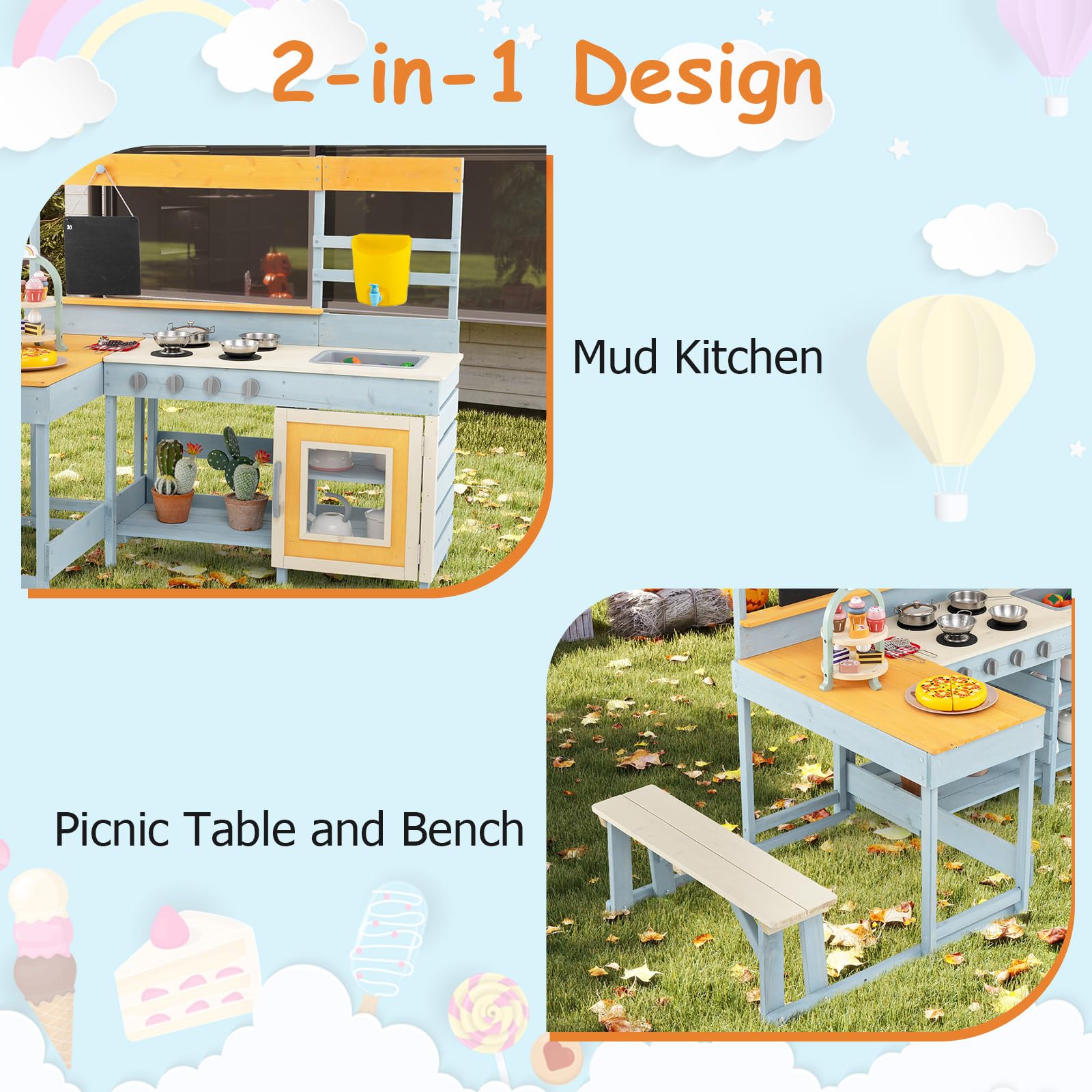 FANTASK Matschküche Kinder aus Holz, Outdoor Spielküche mit Picknicktisch & Bank, Kinderküche mit Wasserhahn, Spüle, Tafel & Zubehör, für Kinder ab 3 Jahren