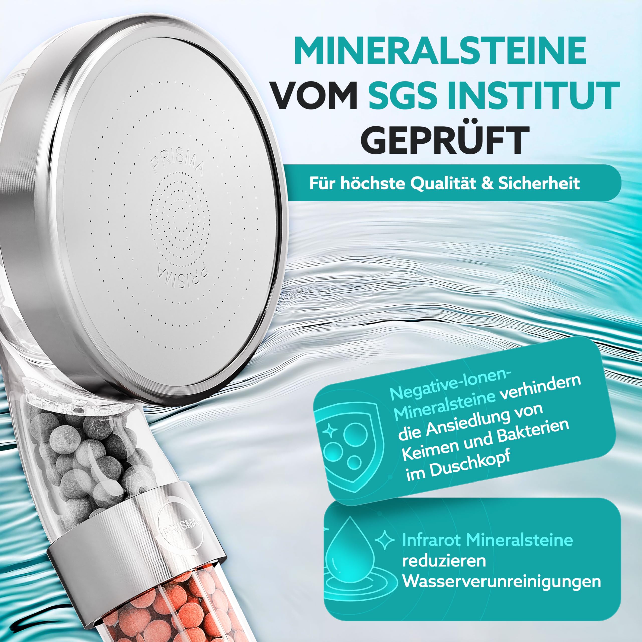 PRISMA Duschkopf für ein einzigartiges Duscherlebnis - Mehr Wasserdruck, Wassersparend, 3 Funktionen mit Filter, Regendusche Handbrause Brausekopf Massage