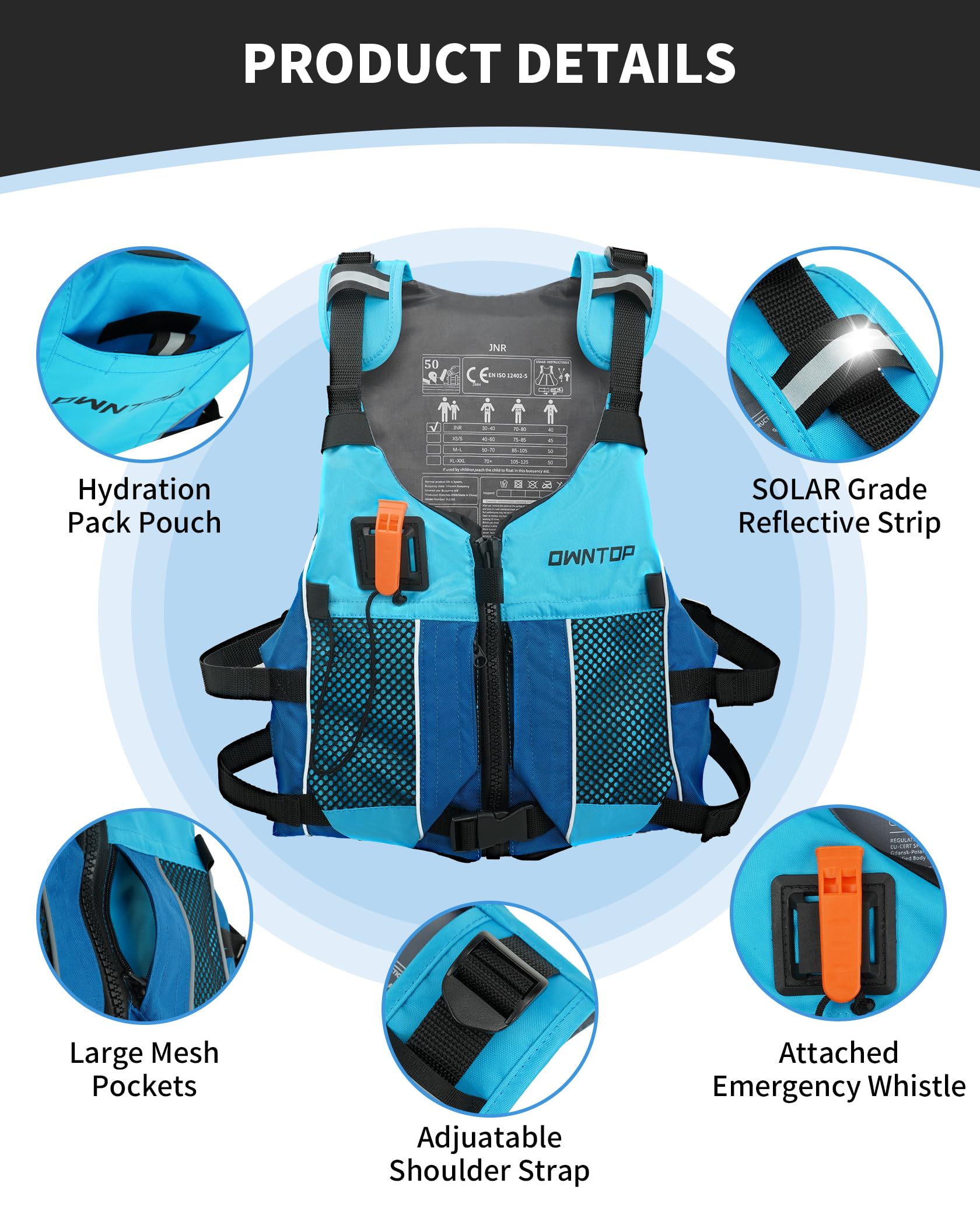 Owntop Buoyancy Aid for Adults and Teenagers with Hydration Backpack, Whistle and Pockets - Adjustable Float Vest Unisex Swimming Vest for Paddleboarding, Kayaking, Fishing, Sailing - 5