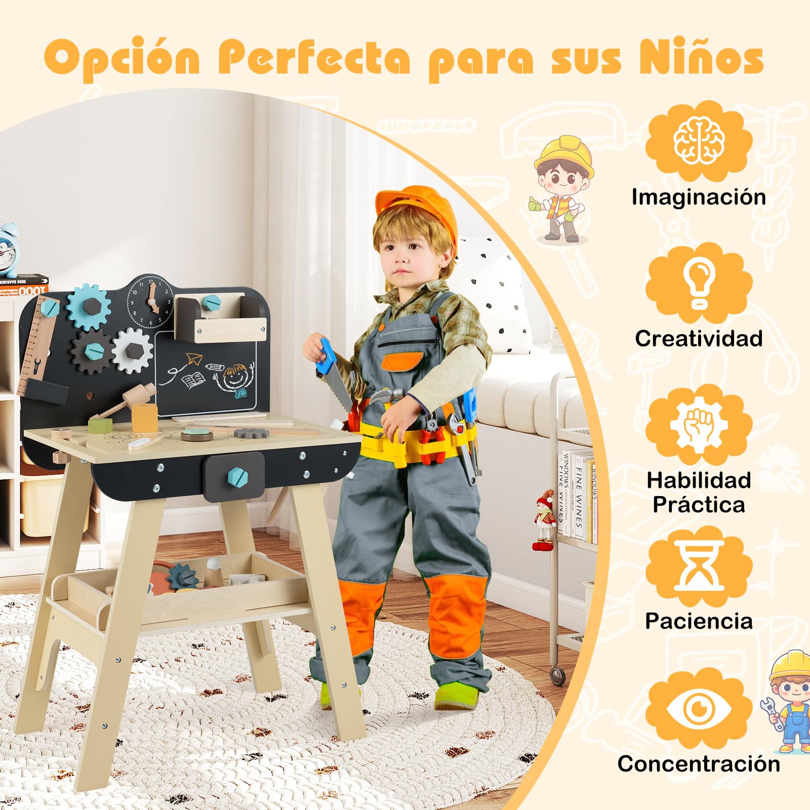 GOPLUS Banco de Herramientas de Madera para Niños, Taller de Bricolaje con Herramientas, Reloj Interactivo, Pizarra, Almacenamiento Amplio, Juego de Imitación para Niños y Niñas de 3+ Años