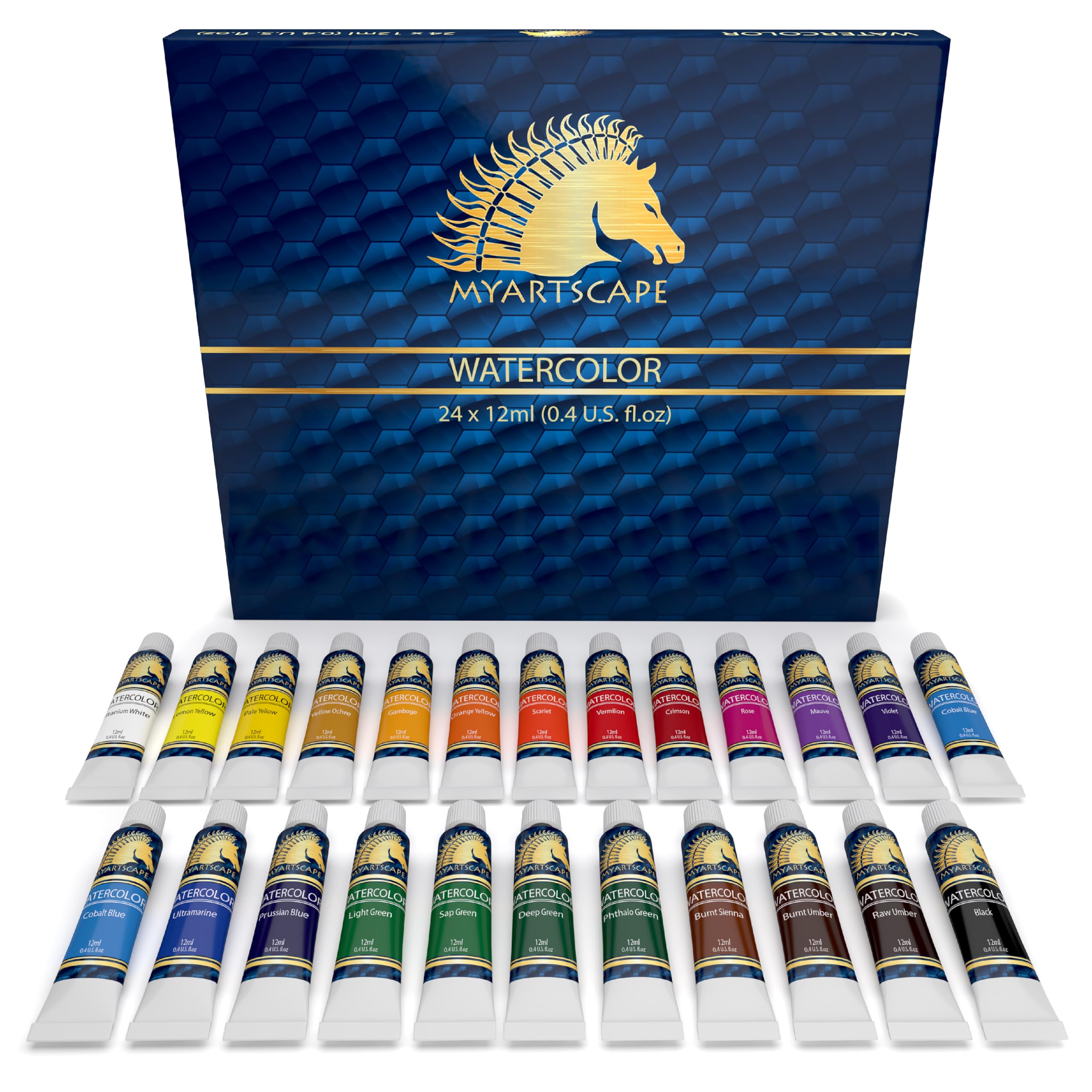 MyArtscape Watercolor Paint Set - 24 x 12ml Tubes - Lightfast - Vibrant Colors - Excellent Transparency - Kit for Vivid Watercolors Painting -