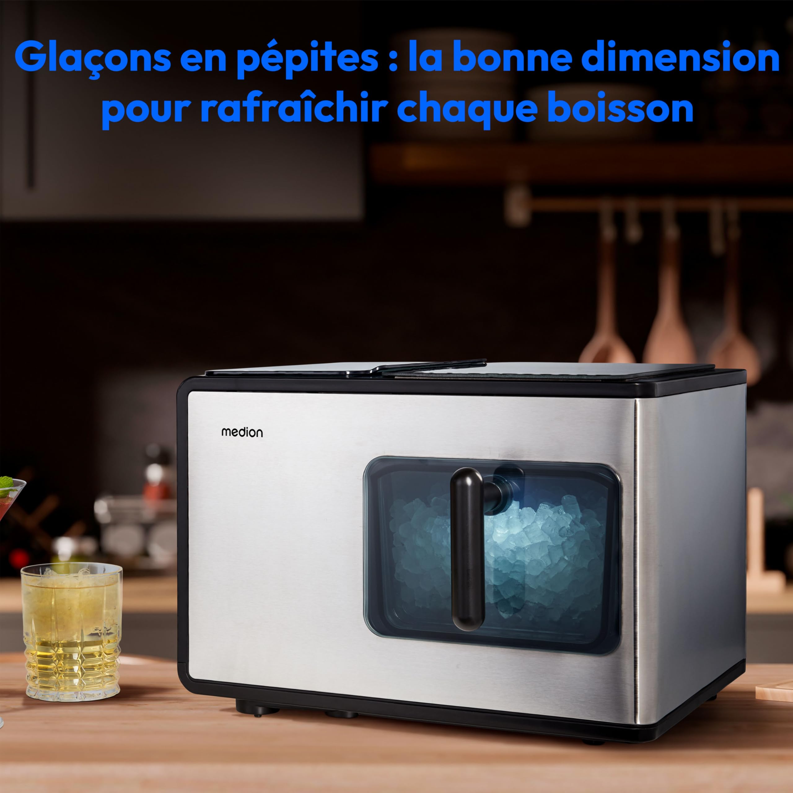 MEDION Machine à glaçons (Nugget glaçons, parfait pour boissons & cocktails, réservoir de 2 litres, jusqu'à 15kg de glaçons, temps de production court env. 5 min, panier amovible, autonettoyant, MD119