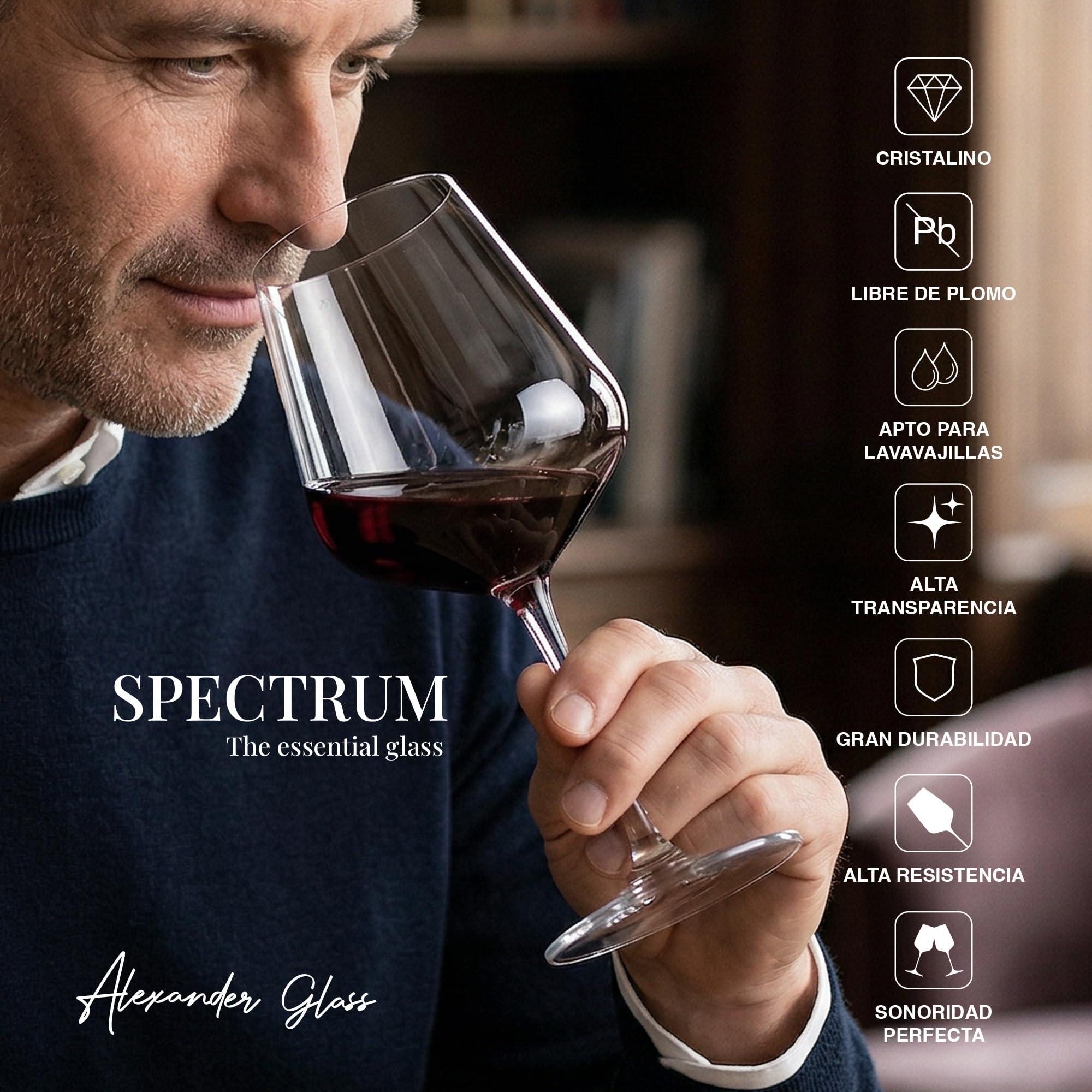 Alexander Glass Set 2 Copas de Vino Tinto Sopladas a Mano 670 ml | Copa SPECTRUM Future Collection Ultraligera Cáliz Amplio Burdeos Cabernet | Caja Premium Regalo y Envío Seguro