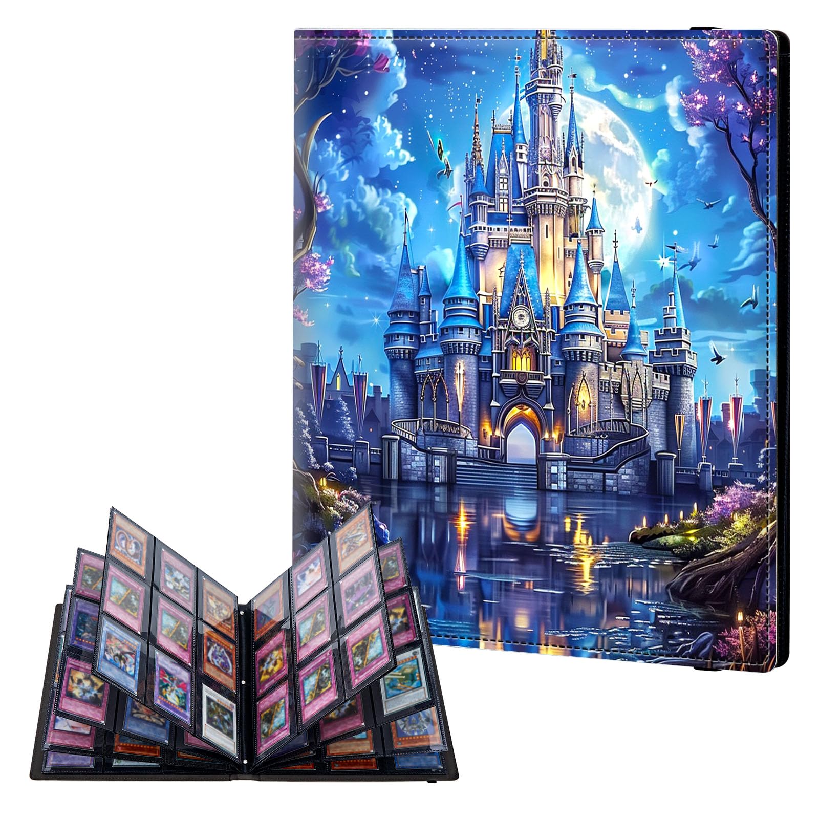 ETLKJVBL 9 Pocket Trading Card Binder, Card Collection Binder for TCG, MTG, Sports Cards, Baseball, Castle in Moonlight Surrounded Trading Card Book Holder for Collectors, Top Loader Binder