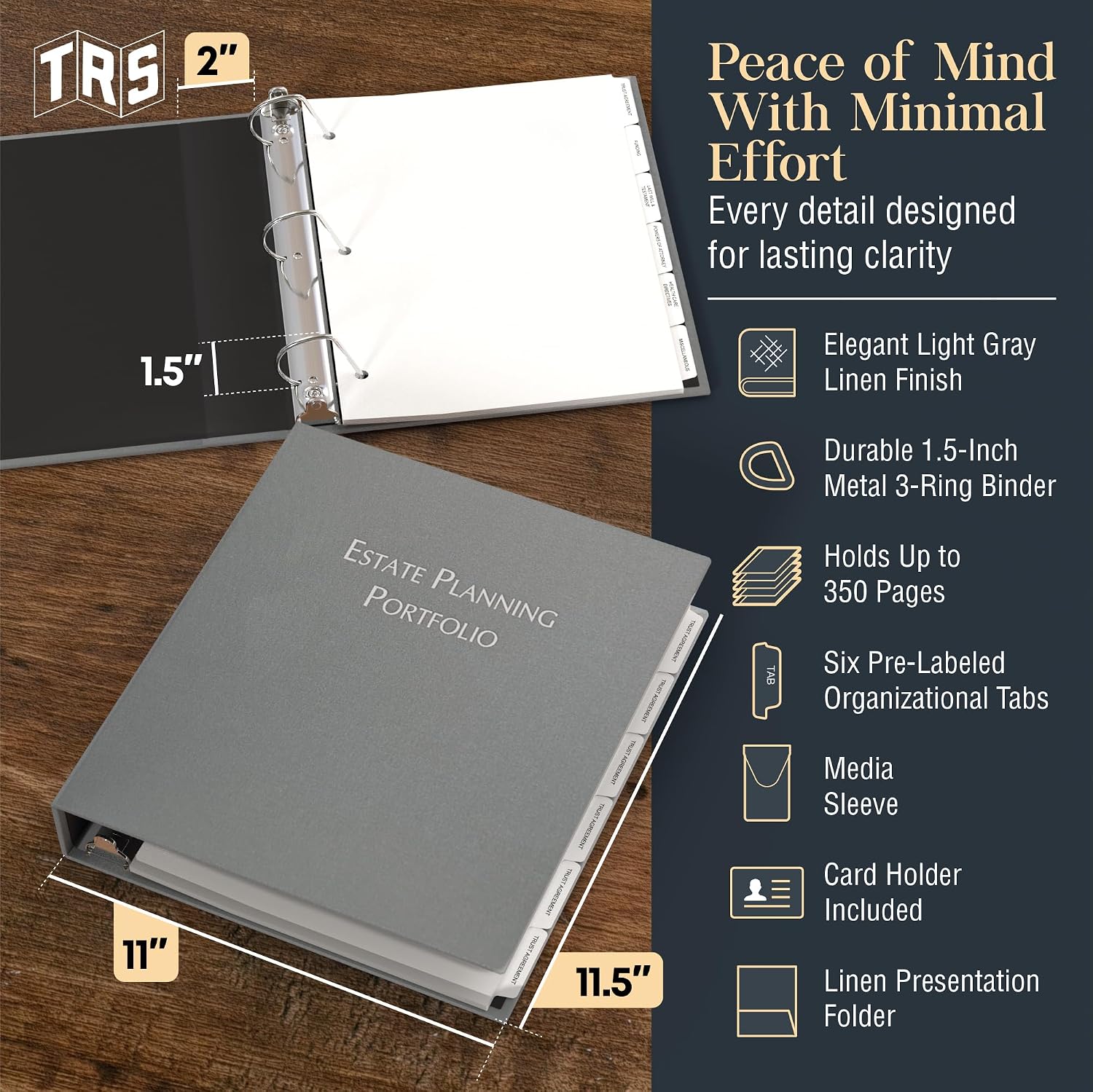 TRS Estate Organizer Planning Portfolio | Estate Planning Binder Kit for Wills, Living Trust, Power of Attorney & End-of-Life | Hardcover 1.5" D-Ring Linen Binder, Pre-Labeled Tabs | Light Gray/Dove