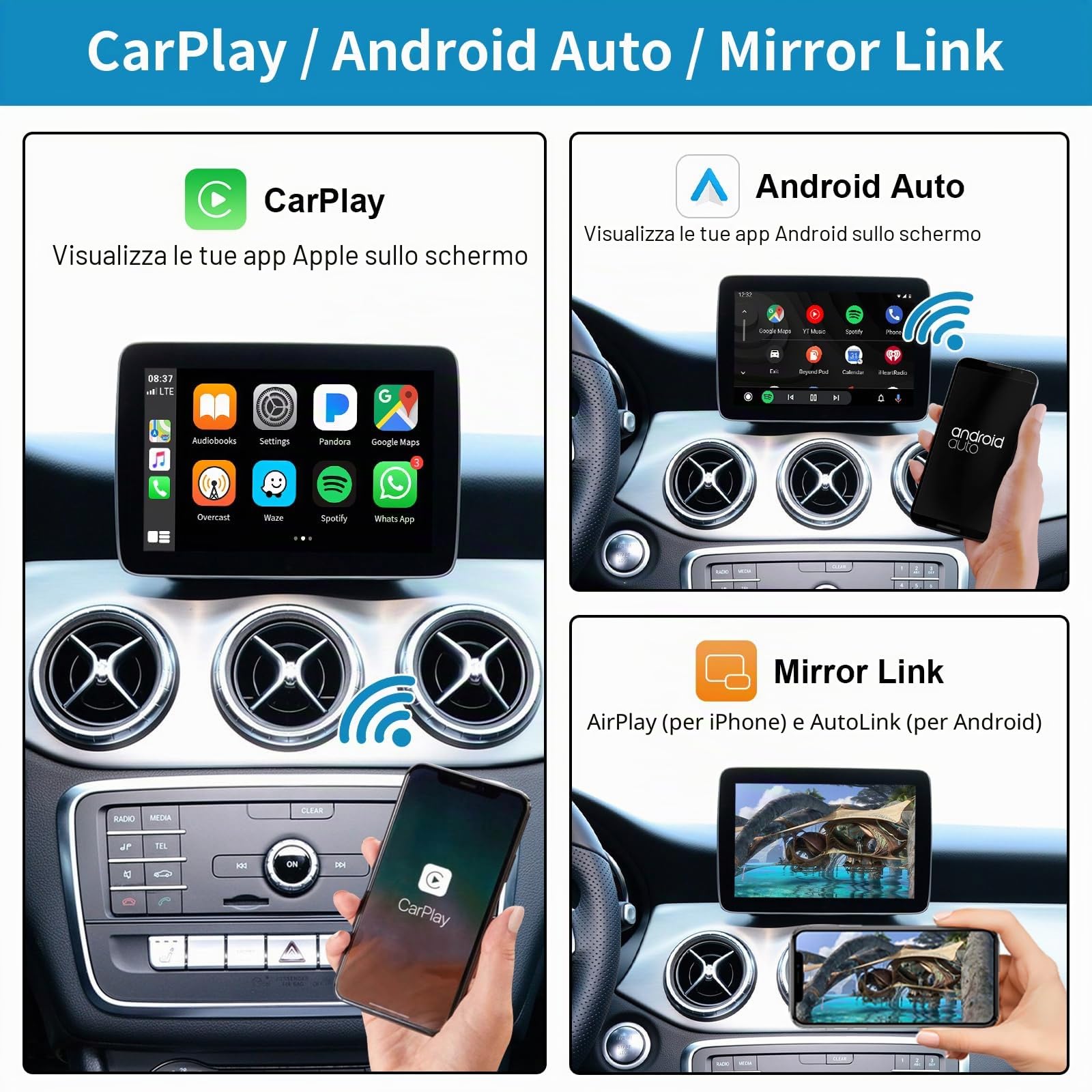 Wireless CarPlay e kit di retrofit Android Auto decoder per Mercedes Benz A/B/C/GLK/GLA/GLC/GLS/ML/GL/SLK/E/G/V classe 2015-2018 con NTG5.0, supporto navigazione, Mirrorlink, Telecamera
