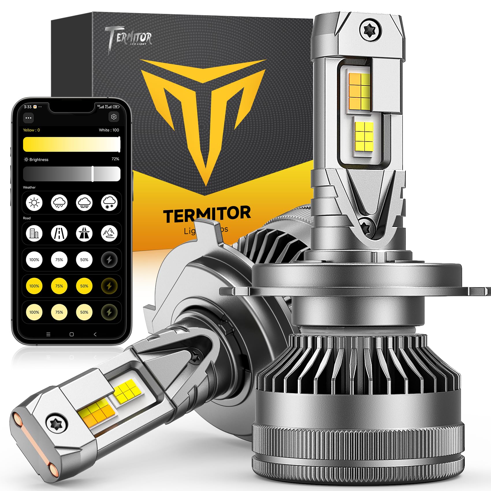 Termitor Smart H4 Light Bulb, 0-75000LM 1500% Super Brighter, App-Controlled Dimming & Color Temperature, 3000K Yellow to 6500K Cool White for Bluetooth 9003/HB2 Fog Light, Plug and Play, Pack of 2