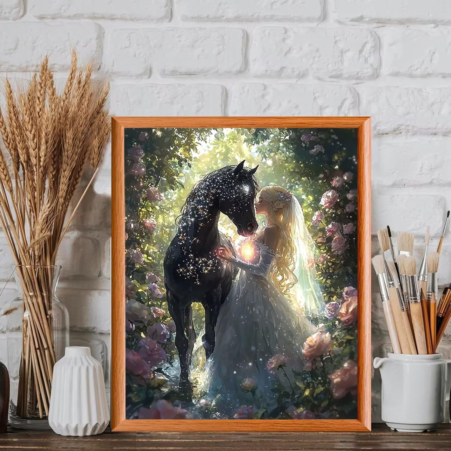 Malen nach Zahlen Erwachsene Schwarzes Pferd mit Schönheit, 70x90cm x-334 | Malen nach Zahlen Erwachsene Leinwand Kit, DIY Handgemalt Ölgemälde Set mit 3-Pinseln und Acrylfarbe für Wanddeko,Ohne Rahmen
