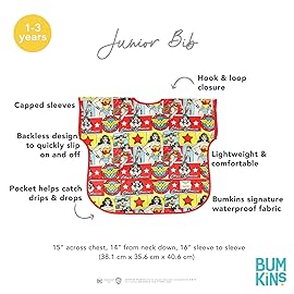 Bumkins Short Sleeve Bib for Girl or Boy, Toddler and Kids for 1-3 Years, Large Size, Essential Must Have for Junior Children, Eating, Mess Saving Soft Fabric Apron for Play, Wonder Woman DC Comics