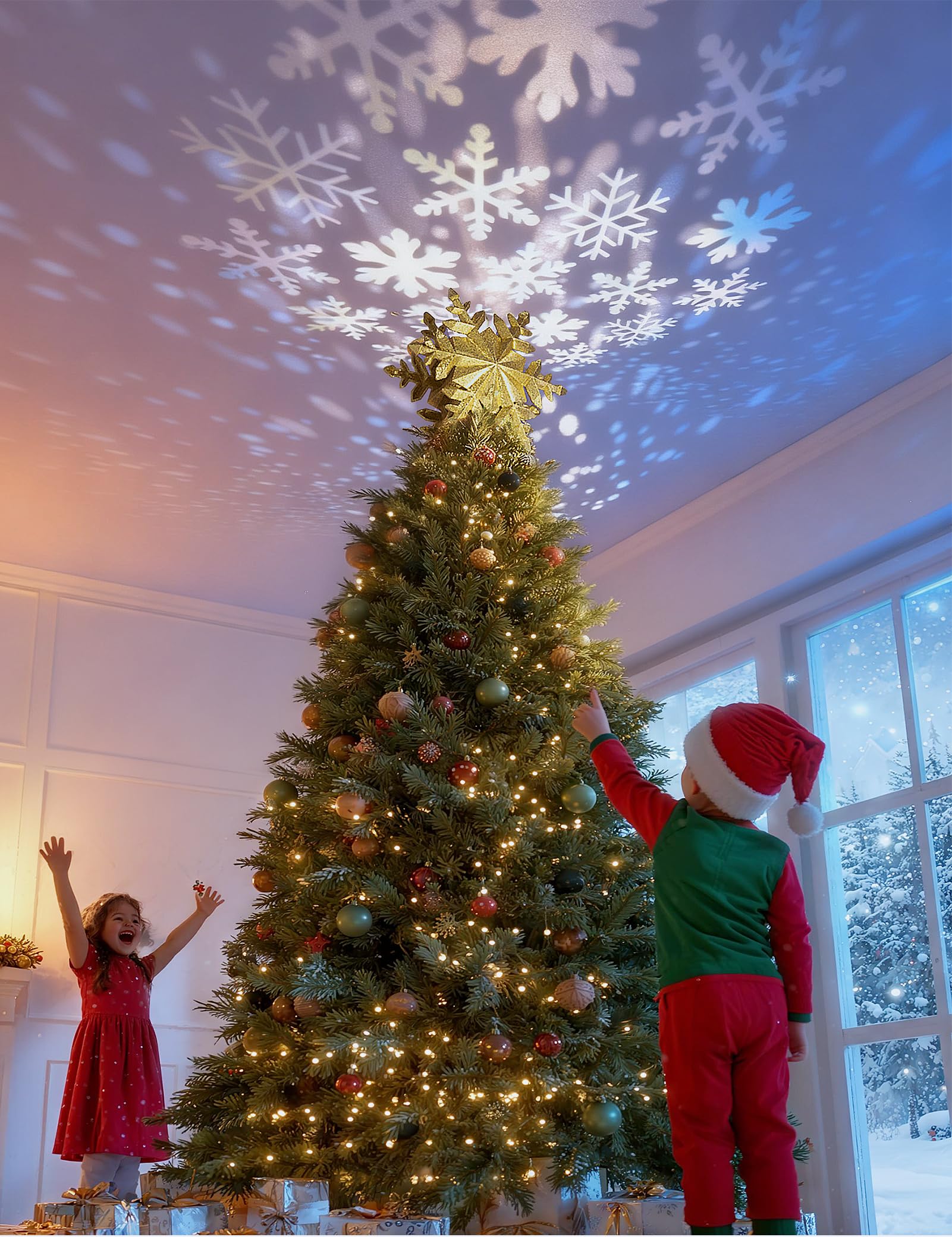 Kerstboom sneeuwvlokken topper,3D holle witte sneeuwvlokken projector kerstboom topper ster kerstboomdeksel roterende LED-projectorlampen Kerstmis voor de Decoratie van de Kerstboom Ornament