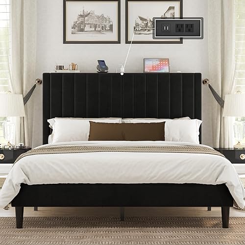 Miniatura 10 de VanAcc Base de cama tamaño Queen, plataforma tapizada de terciopelo con cabecera capitoné de canal, base de colchón con listones de madera, no