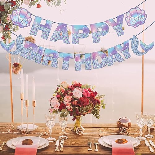 Miniatura 5 de Cartel de cumpleaños de sirena – Cartel de sirenas, decoración de cumpleaños de sirena para niñas, niños, niños, suministros de fiesta de sirenas
