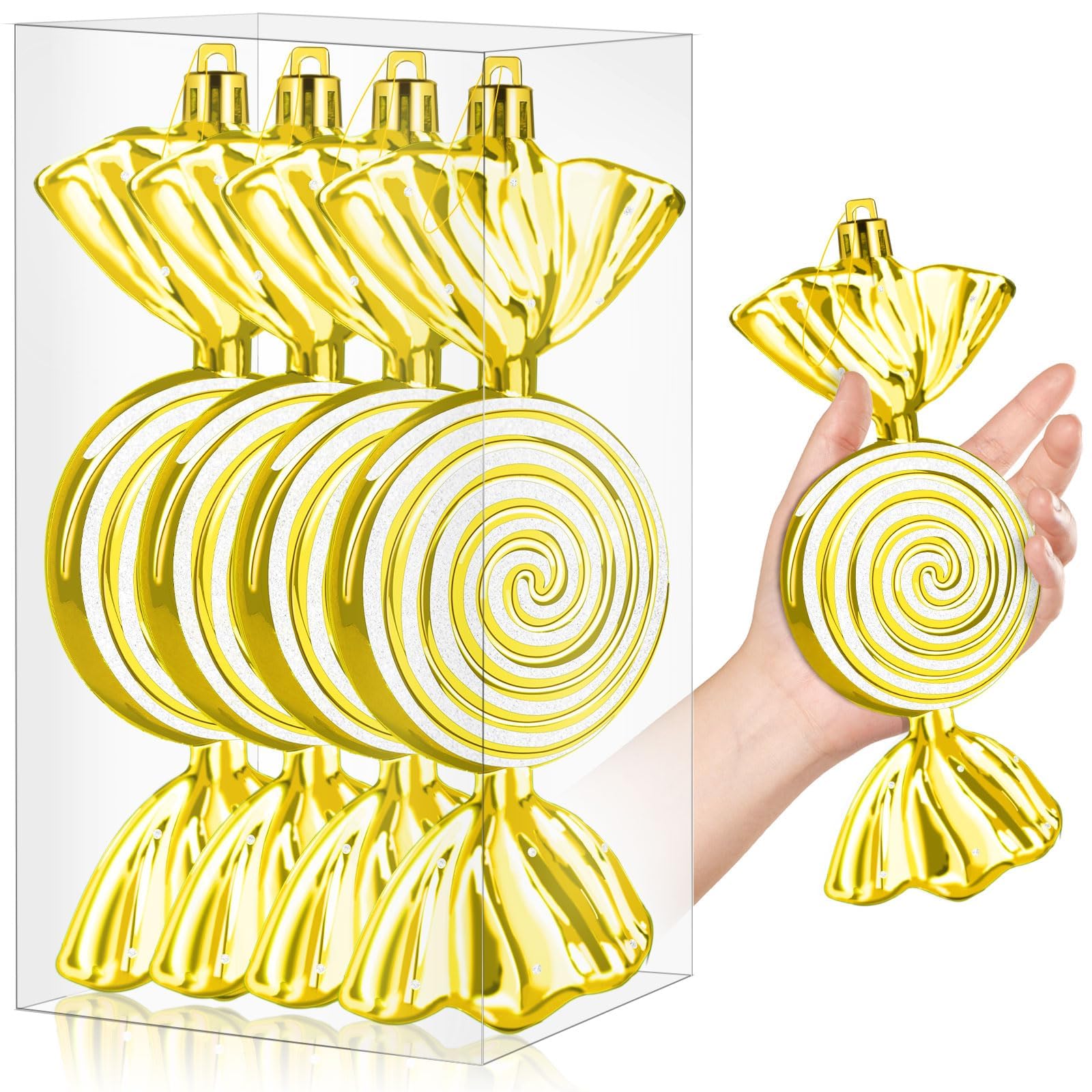 4 Pcs Large Christmas Candy Ornaments Christmas Candy Cane Hanging Ornament with Ribbon Xmas Home Christmas Tree New Year Party Decor Gift (Gold)