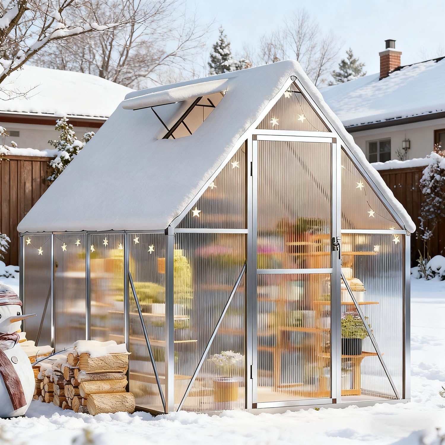 6x7ft Outdoor Greenhouse, Green Houses for Outside Walk-in Kit with Roof Vent, Polycarbonate Greenhouse for Winter & All Season Use, Heavy Duty Aluminum Frame