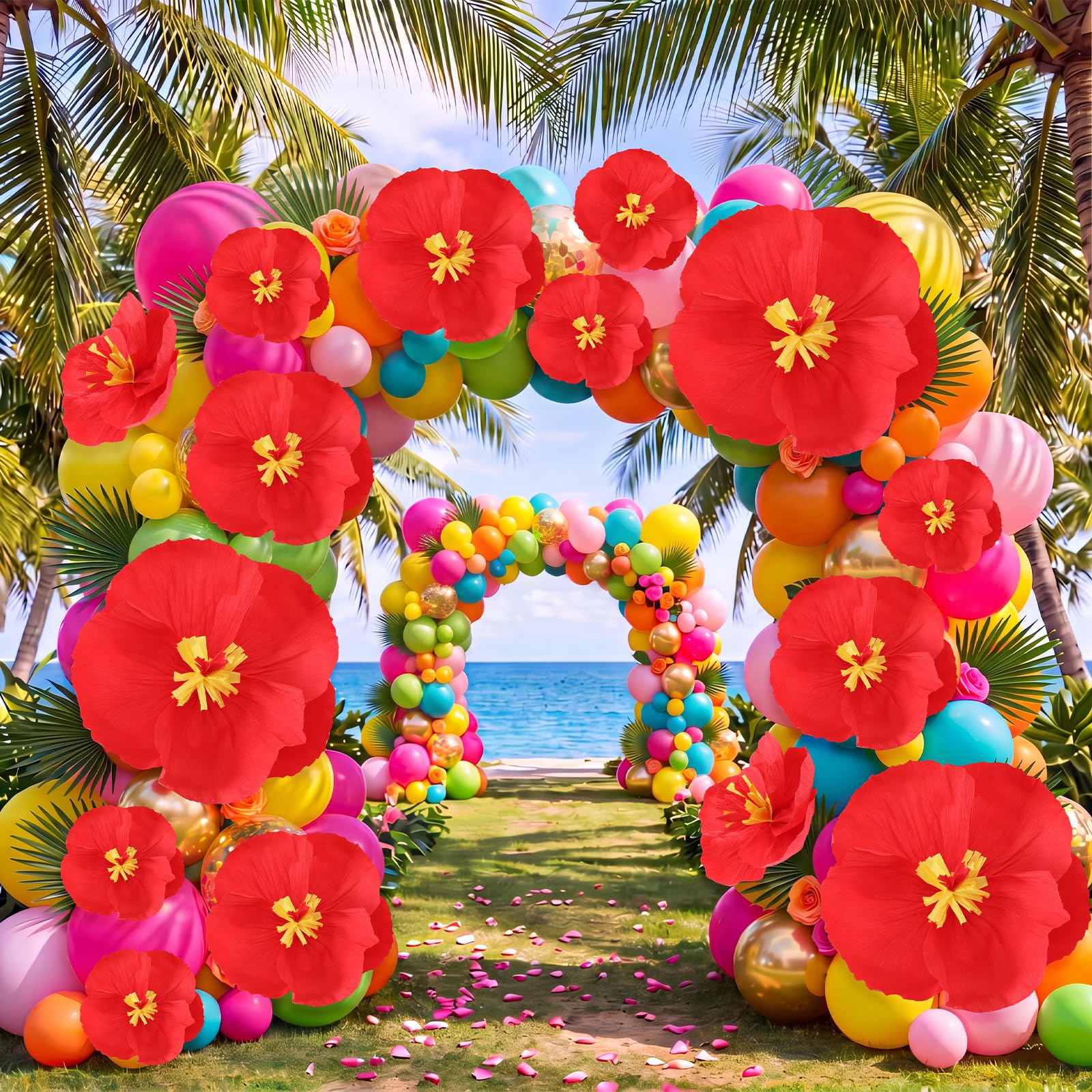 AmazingSpark Lot de 18 pompons géants en papier de soie motif hibiscus hawaïen 45,7 cm, 30,5 cm, 15,2 cm, fleurs hawaïennes, hibiscus rouge, anniversaire, fête prénatale, mariage, fond de soleil