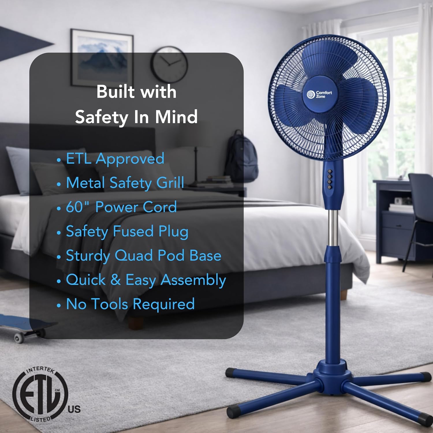 Comfort Zone 16-Inch Oscillating Pedestal Fan – 3-Speed High-Velocity Cooling, Adjustable Height & Tilt, Quad-Pod Folding Base, Blue – ETL Listed