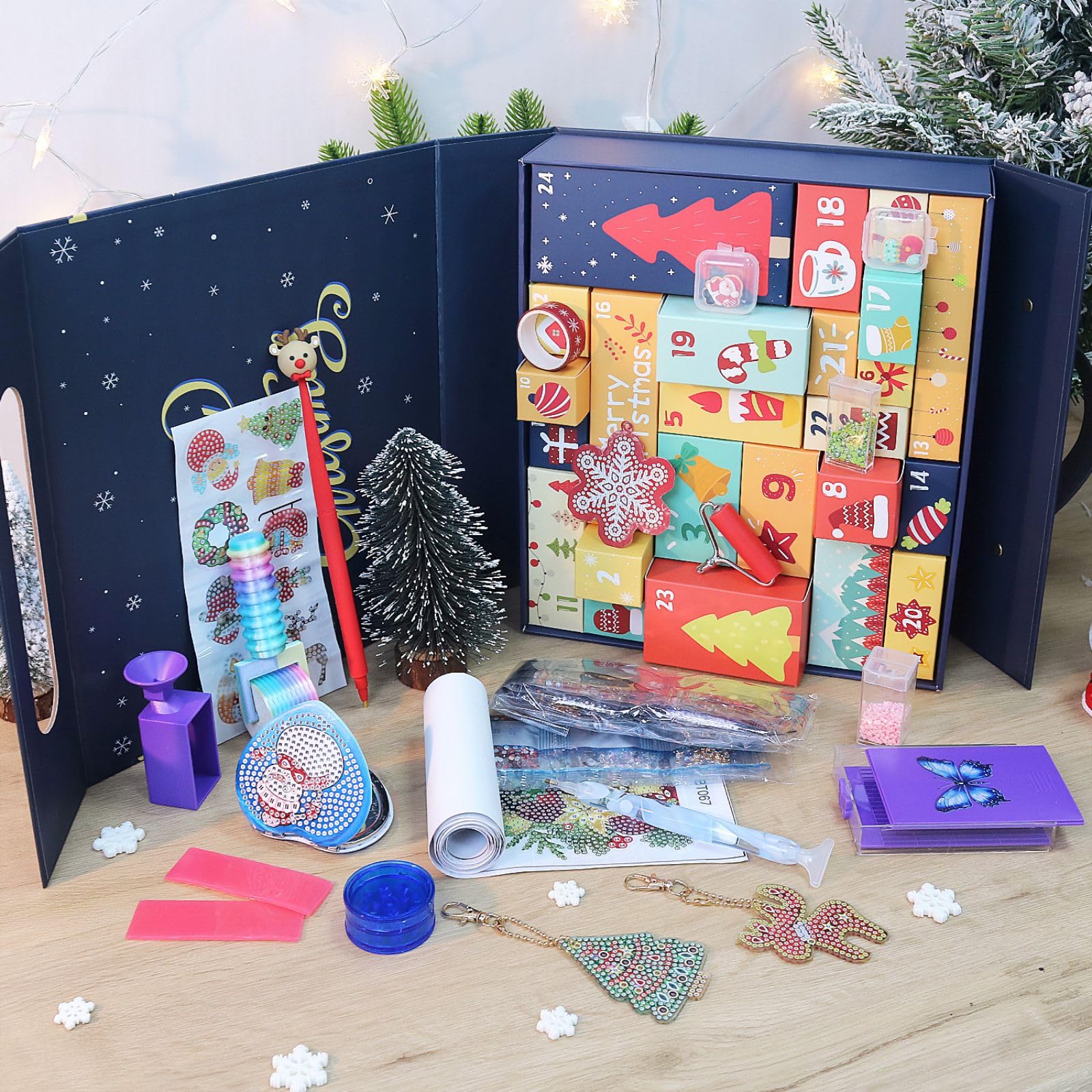 CustmArti DIY Weihnachten Diamond Art Painting Adventskalender Set Kinder 24 Fächer Überraschung Basteln Motive Glitzer Kristalle Werkzeuge Urlaub Dekoration-A