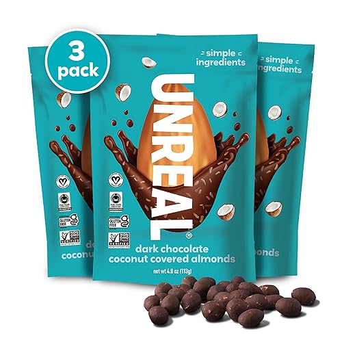 Miniatura 11 de UNREAL Almendras de chocolate negro - Certificado vegano, sin gluten, comercio justo, sin OMG, sin alcoholes de azúcar o soja (6 bolsas)