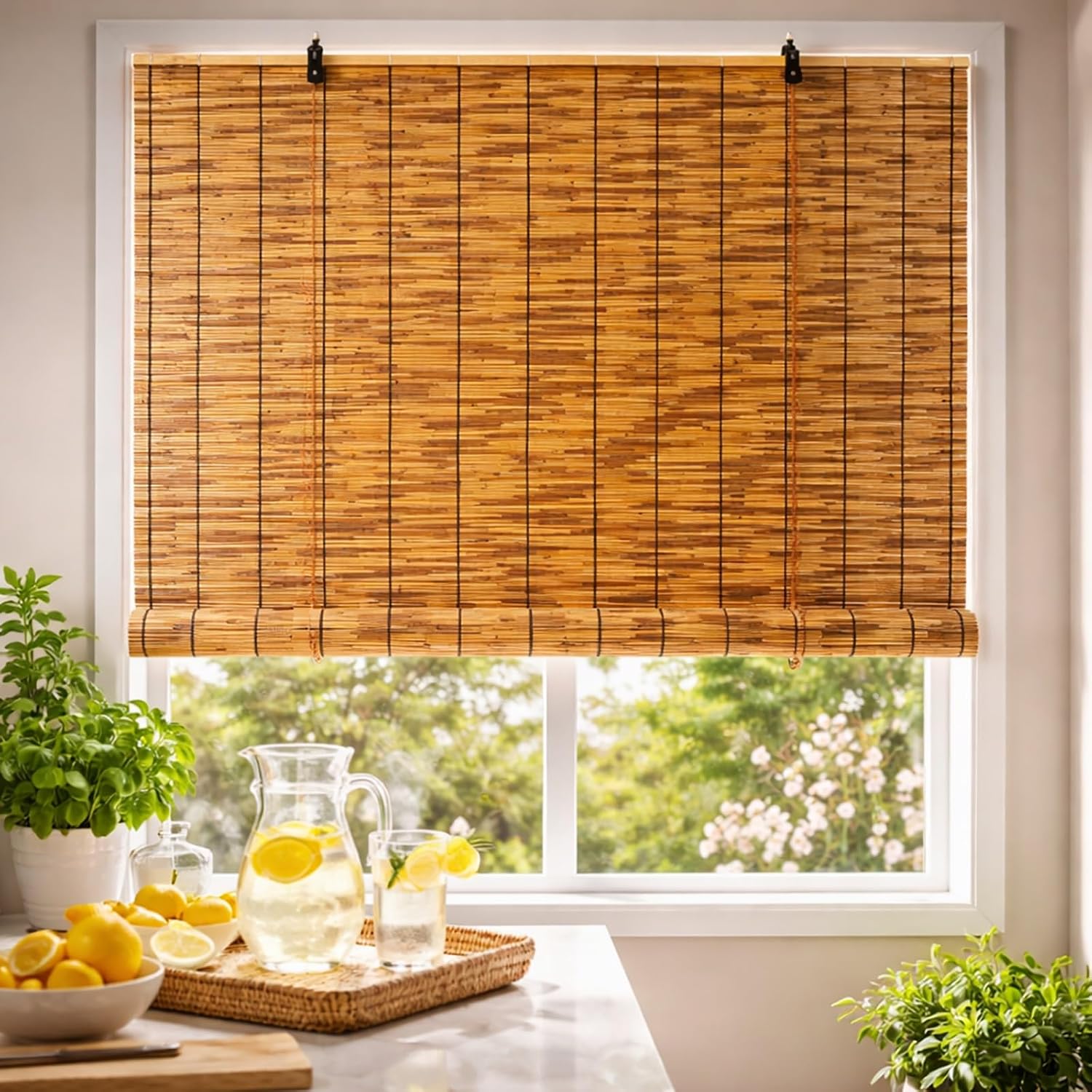 Persiana romana de bambú 68" ancho x 36" alto color marrón miniatura 1