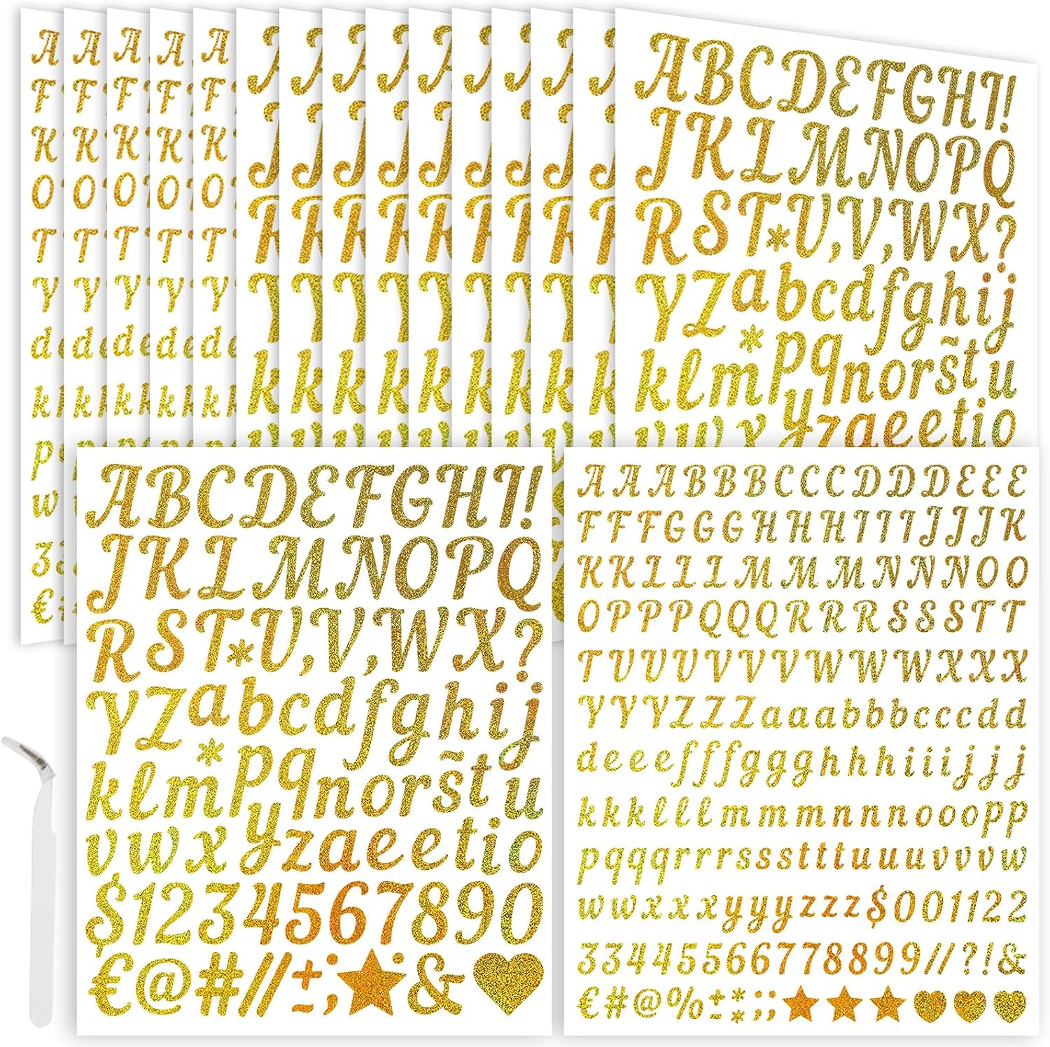Gold Letter Stickers 0.5 Inch & 1 Inch, 15 Sheets Vinyl Cursive Gold Alphabet Number Stickers, Faux Glitter Golden Script Letter Stickers for Cards Envelopes Gift Wrap Invitations Planner Craft DIY