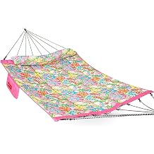 Lazy Daze Hammocks 12 FT Quilted Fabric Hammock with Curved Aluminium Spreader Bar, Double Hammock for Outside with Soft Pillow & Side Pocket 450 Lbs Capacity, Pink Floral