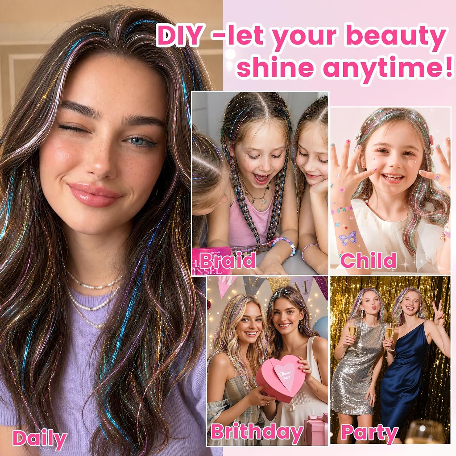 LUKYMART Hair Tinsel Kit, 22 Colors Fairy Hair Tinsel 48 Inch 8800 Strands Heat Resistant Glitter Hair Extensions with Tools for Girls Women, Sparkly Hair Accessories for Party Birthday Christmas