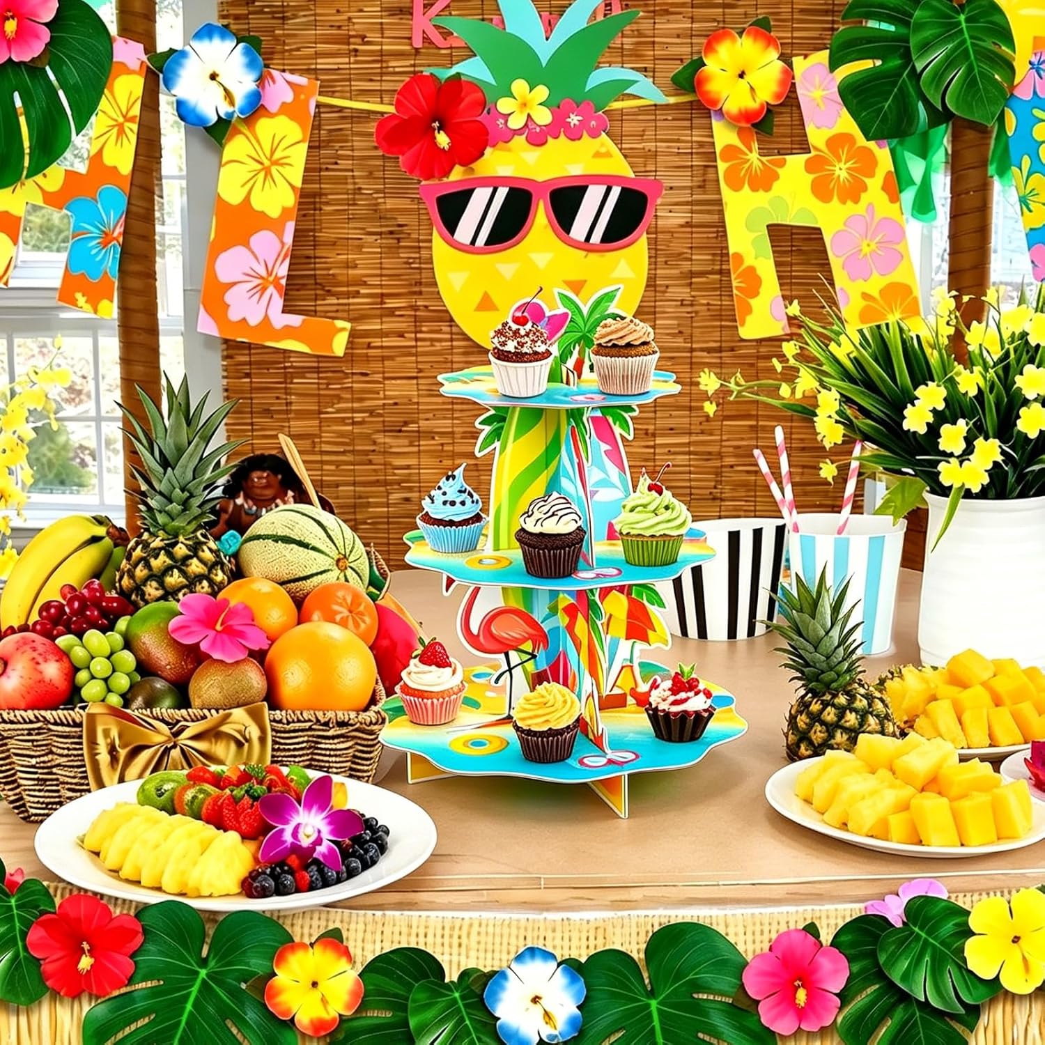 3 Tier Hawaiian Luau Cupcake Stand Tropical Cardboard Dessert Tower Summer Beach Pool Theme Cupcake Holder for Birthday Baby ShowerParty Supplies image 4