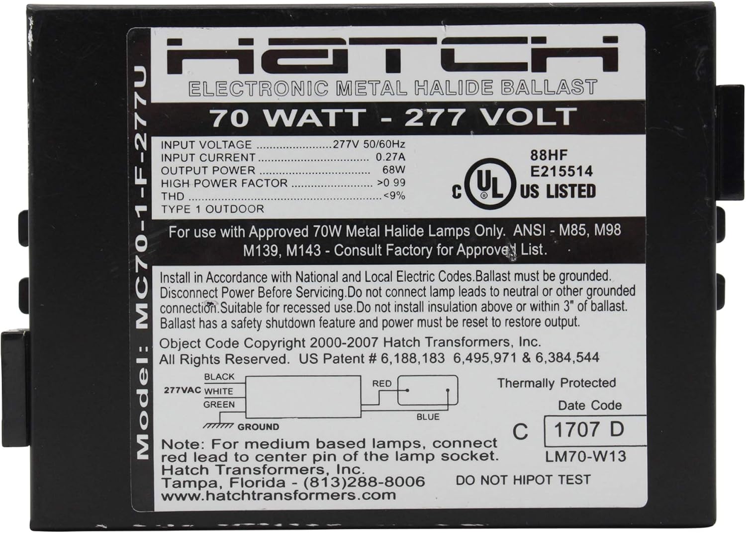 Hatch Lighting MC701F277U Electronic Metal Halide Ballast, 70W MH