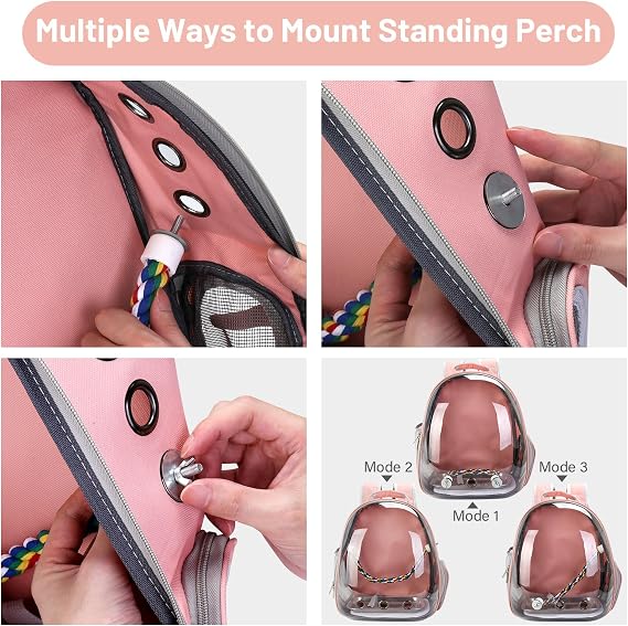 Bird Backpack Carrier, Travel Bird Cage for Small Medium Size Parrot Parakeet Budgies Cockatiel, Portable Clear Bubble Window Bag with Stainless Steel Tray Food Bowl Standing Perch (Pink)