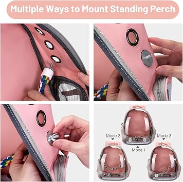 Bird Backpack Carrier, Travel Bird Cage for Small Medium Size Parrot Parakeet Budgies Cockatiel, Portable Clear Bubble Window Bag with Stainless Steel Tray Food Bowl Standing Perch (Pink)
