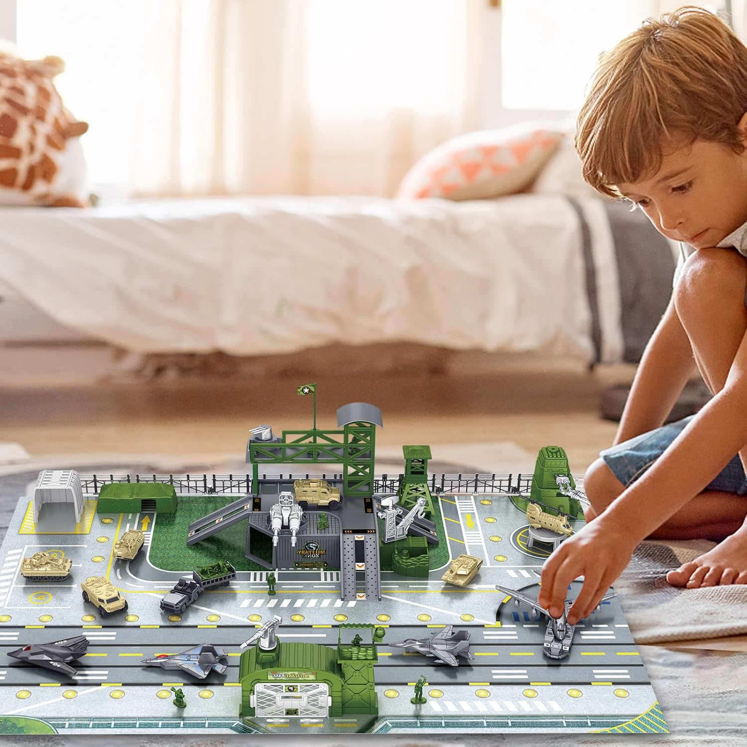 Military Base Toy Sets, Army Toys Playset with Army Men Action Figures, Airplane Toy, Army Tank, Helicopter, Vehicles Accessories and Army Base Play Map, Birthday Present Toys for Boys