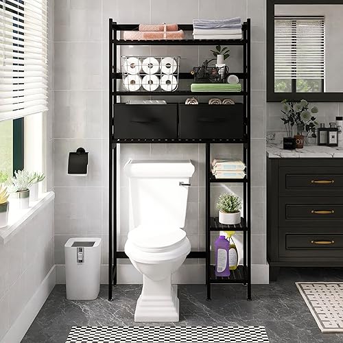 Miniatura 8 de SMIBUY Estante de almacenamiento sobre el inodoro, organizador de baño grande de bambú de 6 niveles con estantes laterales y 2 cajones, ahorro de