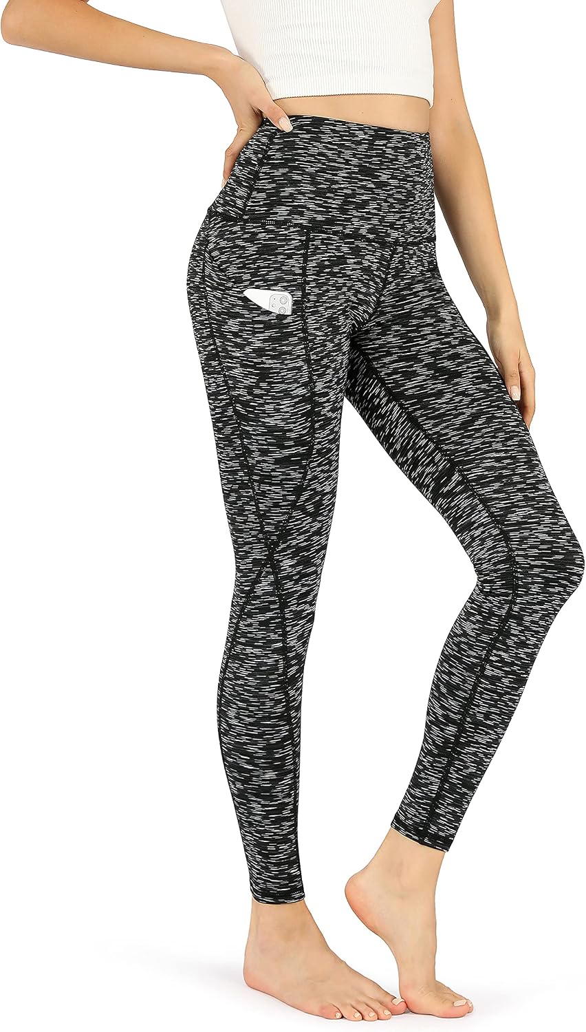 ODODOS Women's High Waisted Yoga Leggings with Pockets, Tummy Control Non See Through Workout Sports Athletic Running Pants, Full-Length, SpaceDyeMattBlack,Medium