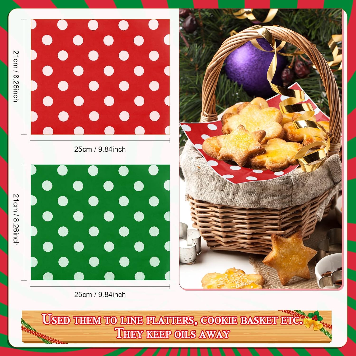 Sepamoon 250 Sheets Christmas Wax Paper for Food Papers Red Green Polka Dot Sandwich Greaseproof Disposable Wrapping Paper for Sandwich Picnic Basket Liner Xmas Wedding Birthday Shower Party Supplies