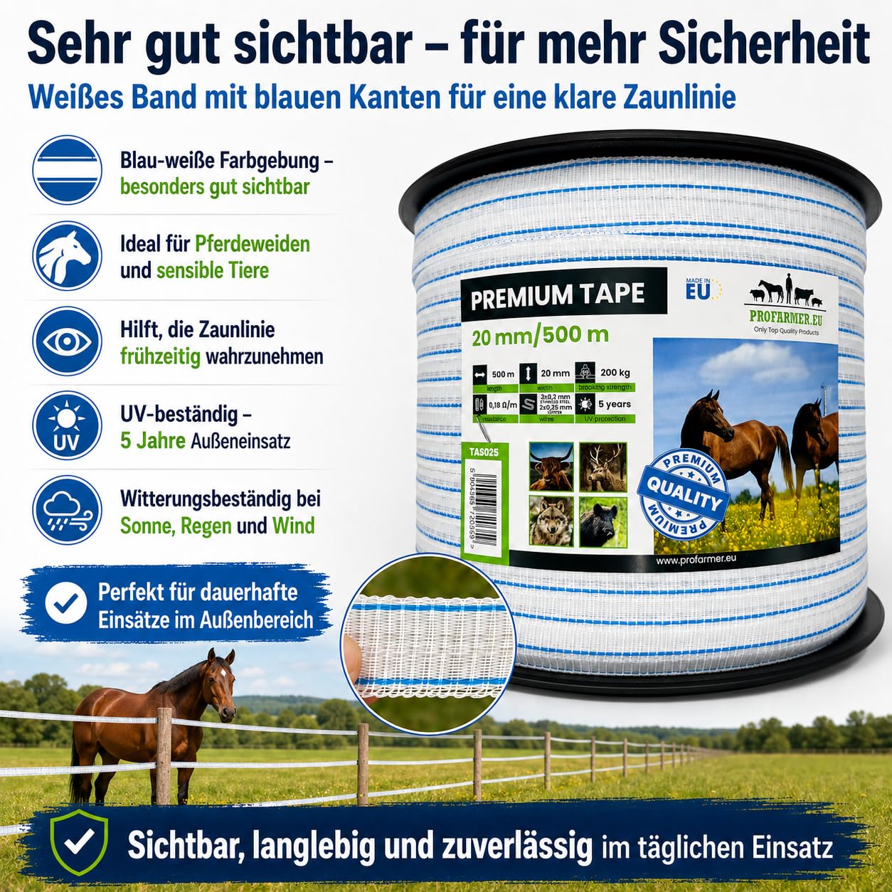 PREMIUM-Weidezaunband 500 m, 20 mm, weiß-blau – Höchste Leitfähigkeit & Sichtbarkeit